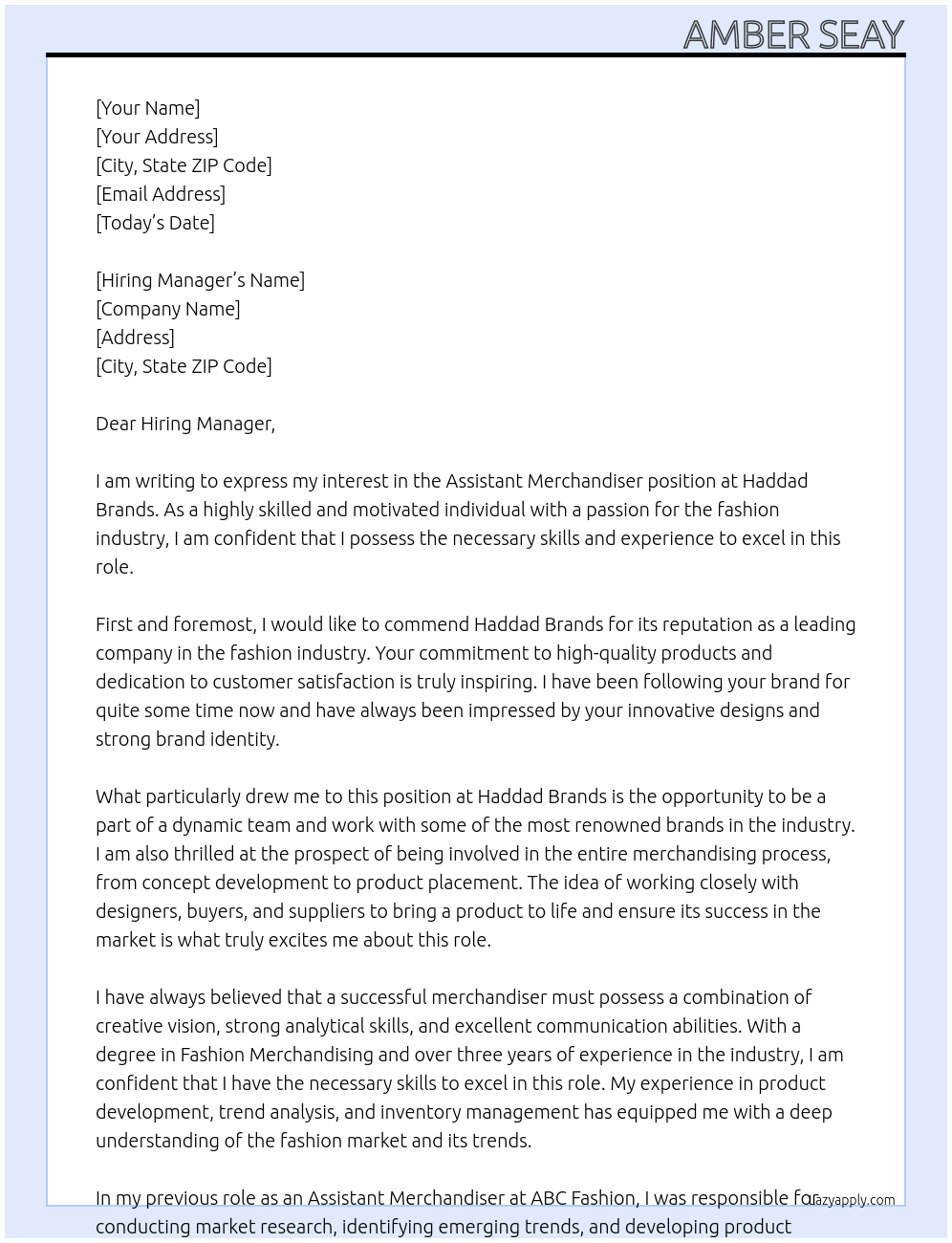 Assistant merchandiser At Haddad Brands Cover Letter