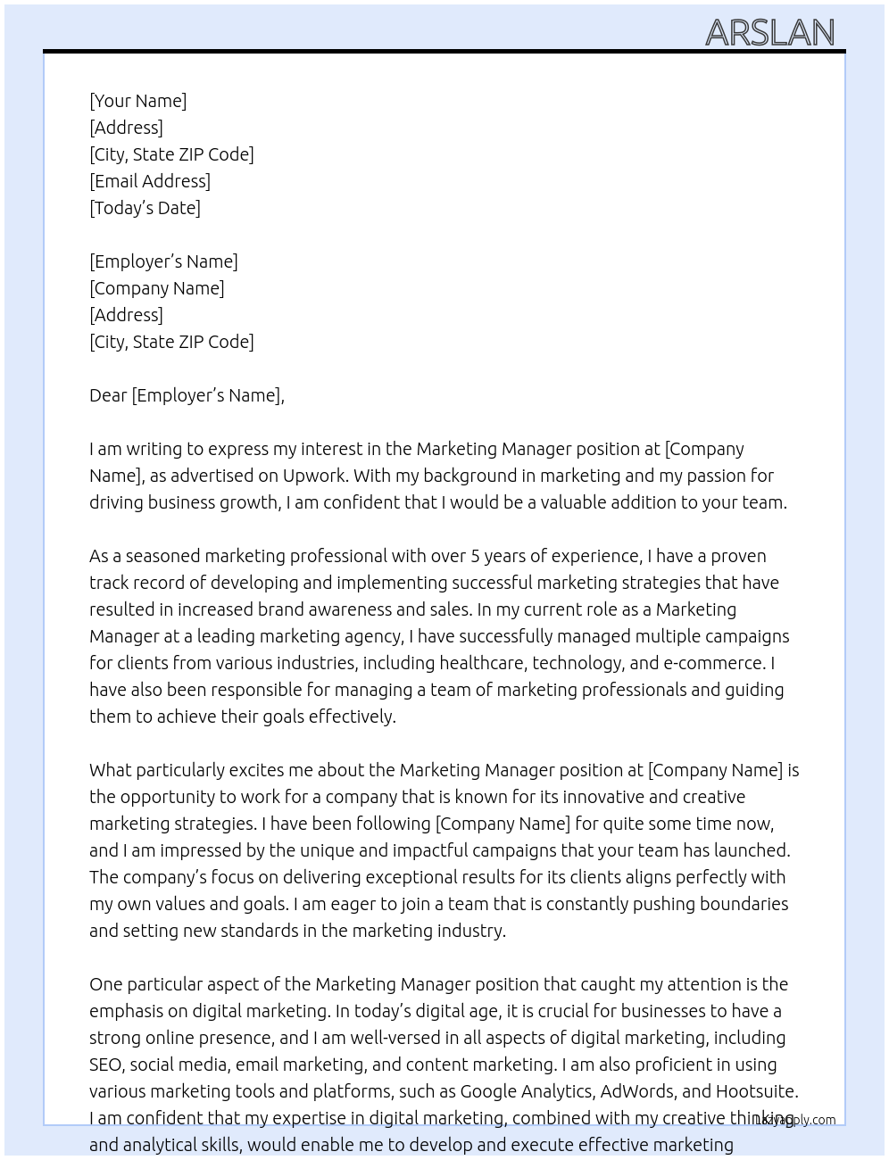 Marketing manager At Marketing Cover Letter