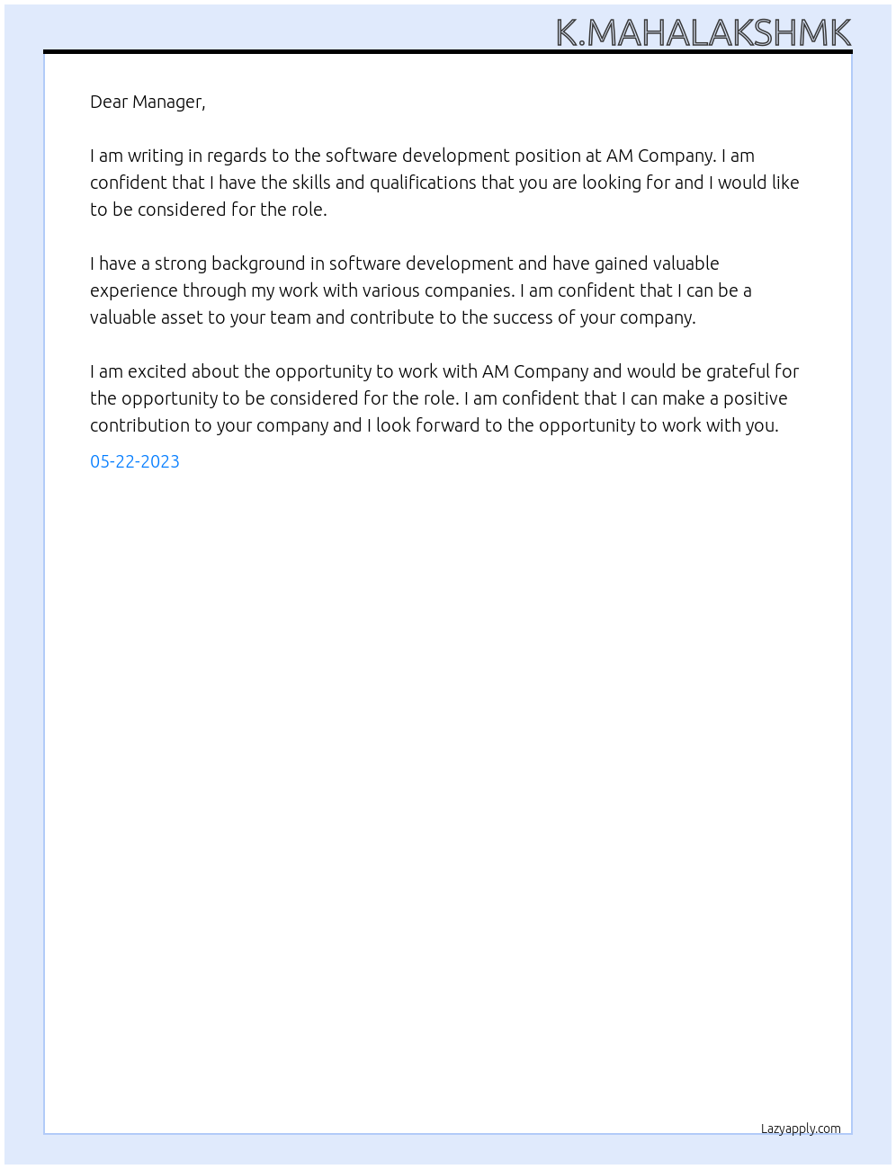 Software development At AM Company Cover Letter