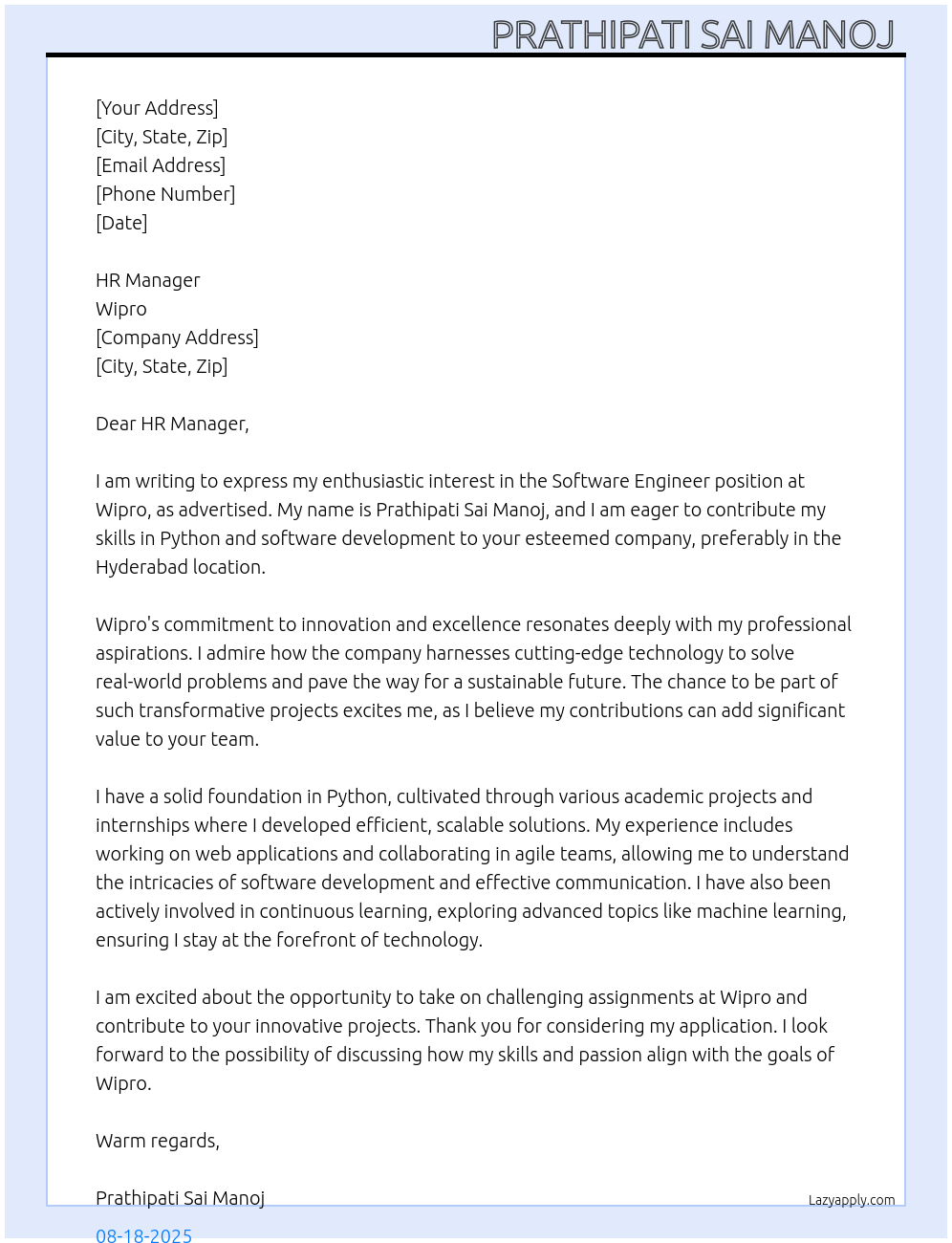 Software Engineer At Wipro Cover Letter