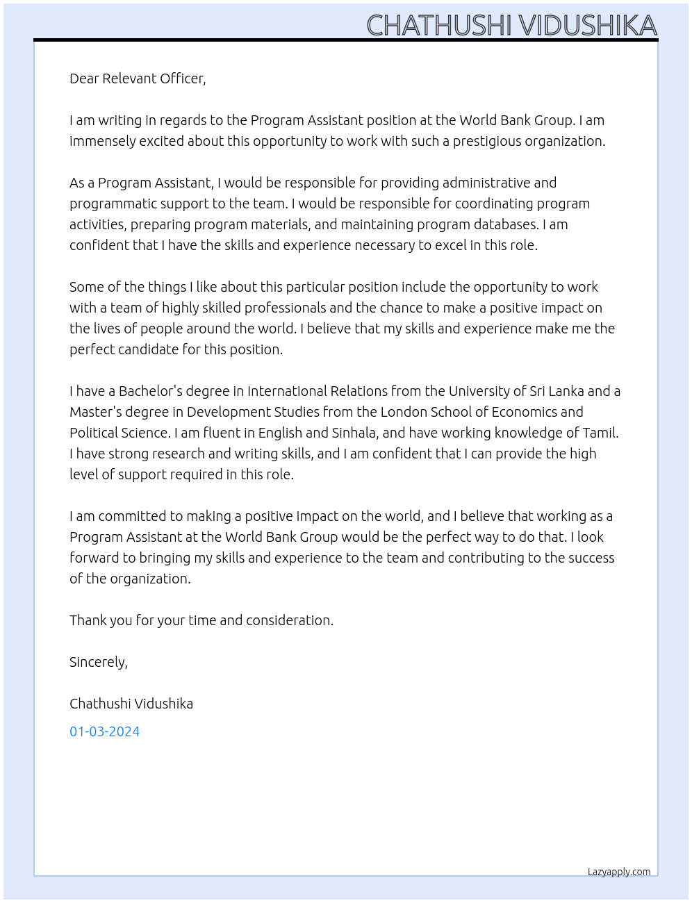 Program Assistant At World Bank Group Cover Letter