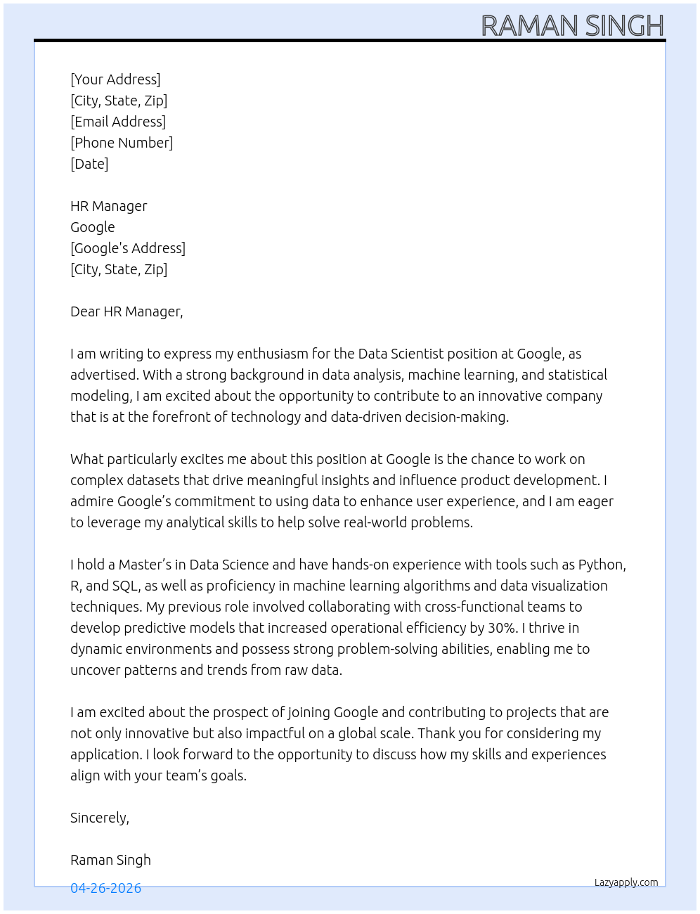 Data scientist At Google Cover Letter