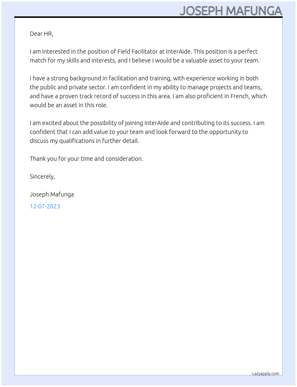 Field Facilitator At InterAide Cover Letter