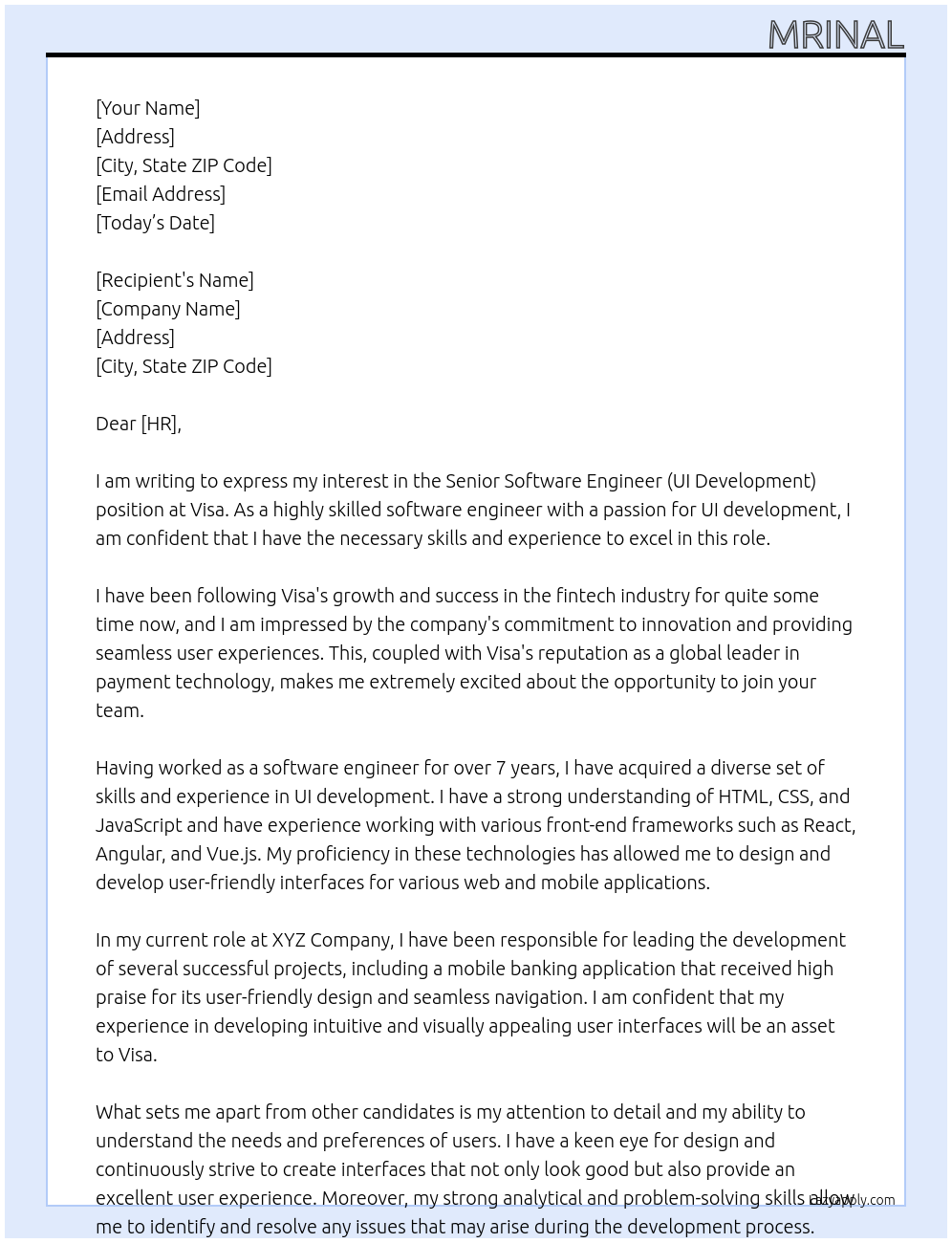 Sr. Software Engineer (UI Development) At Visa Cover Letter