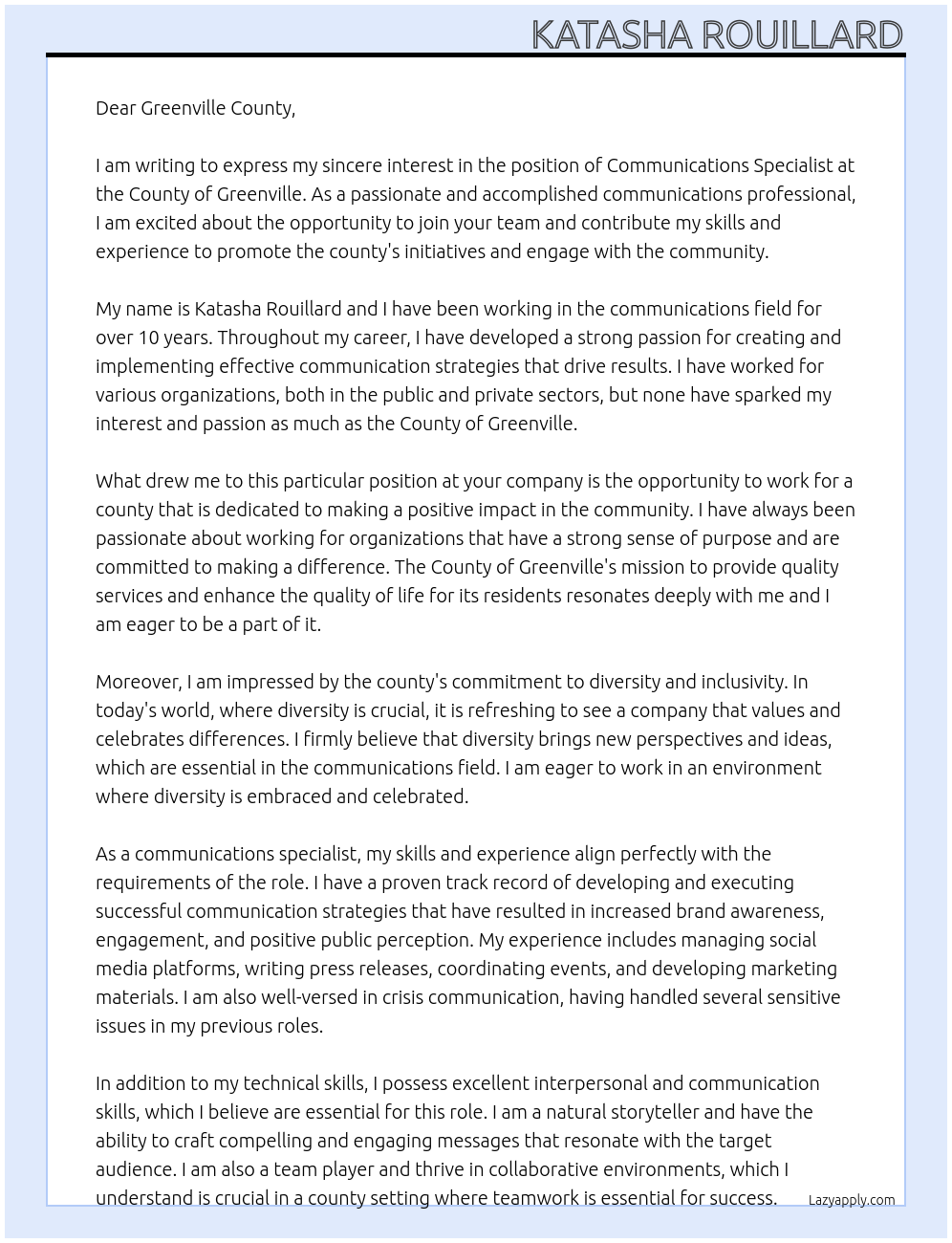 Communications Specialist At the County of Greenville Cover Letter