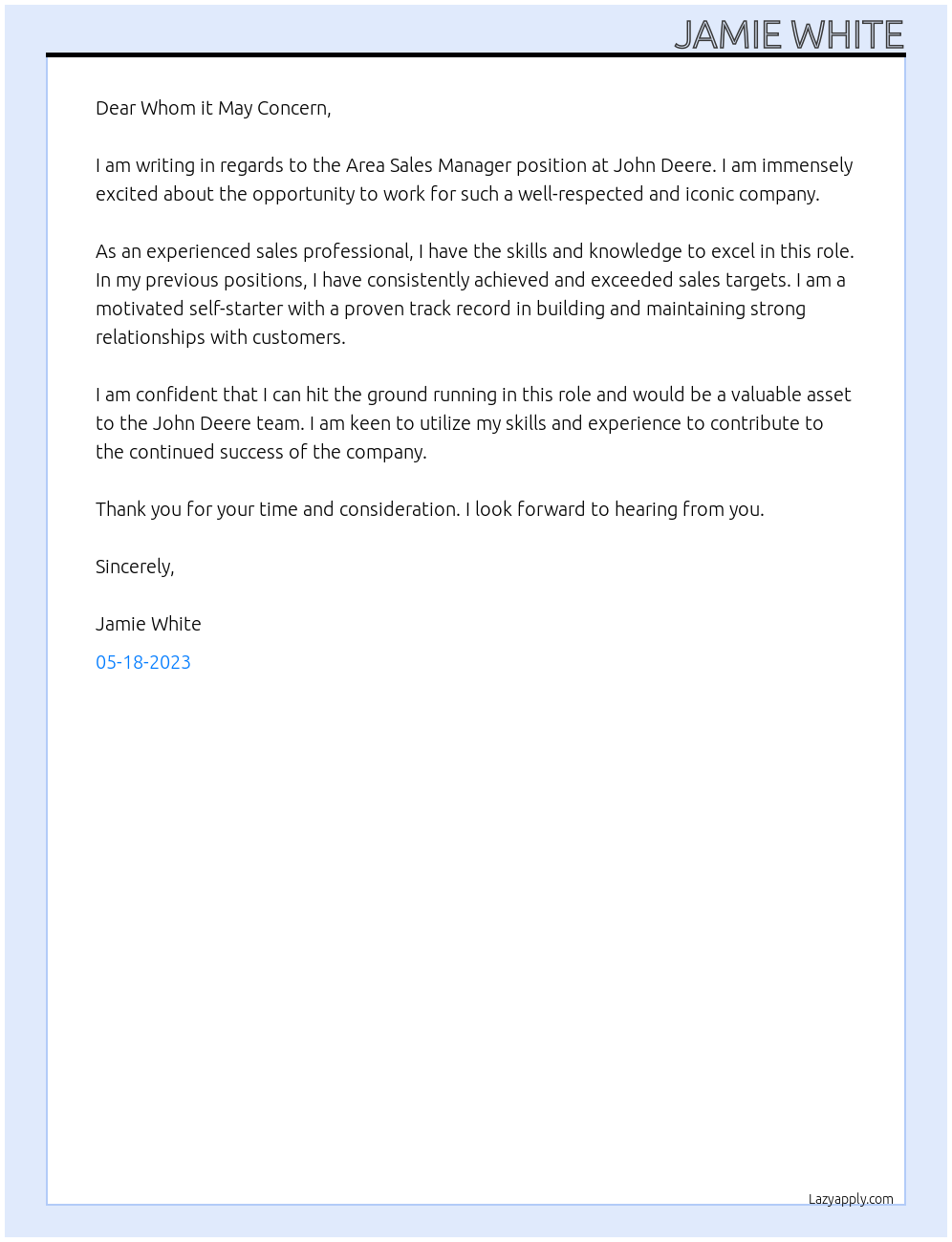 Area Sales Manager At John Deere Cover Letter