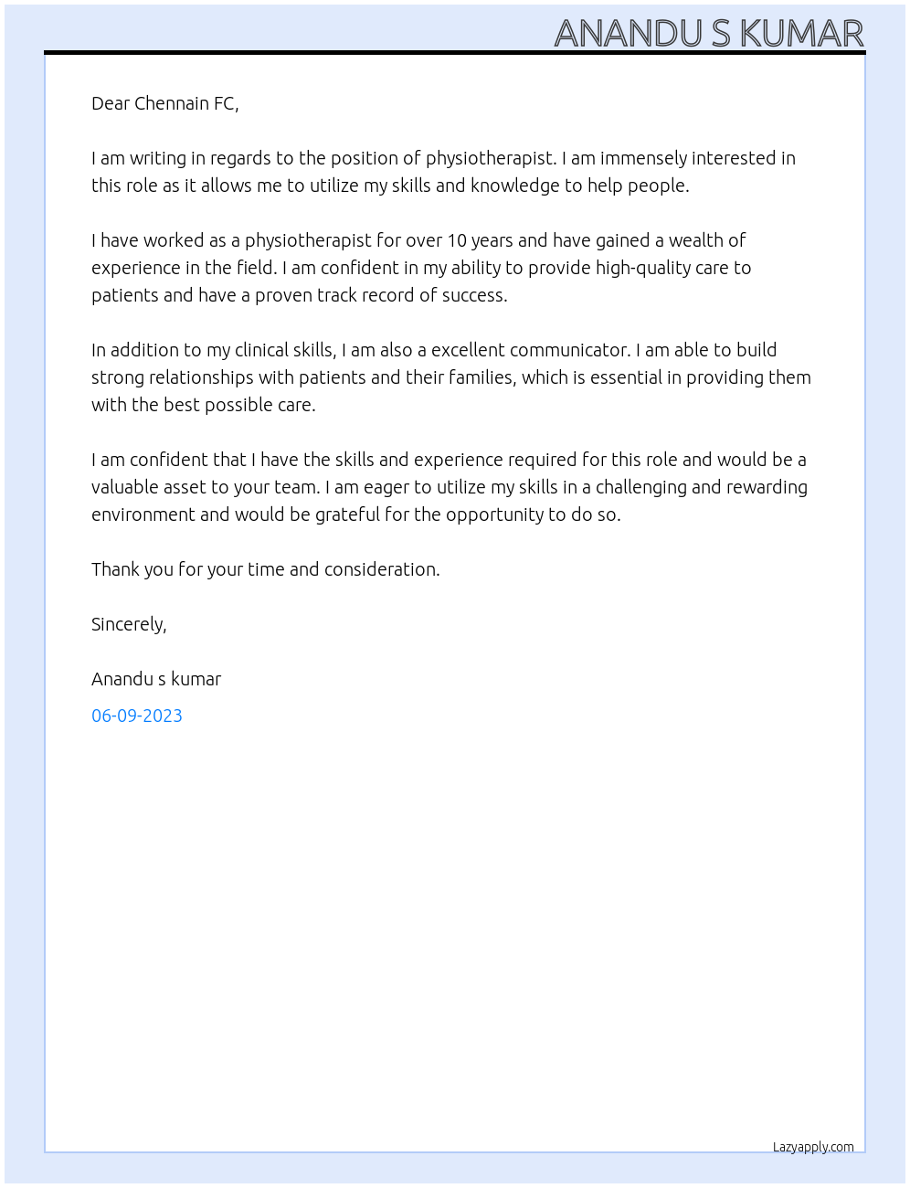 Physiotherapist At Chennain fc Cover Letter