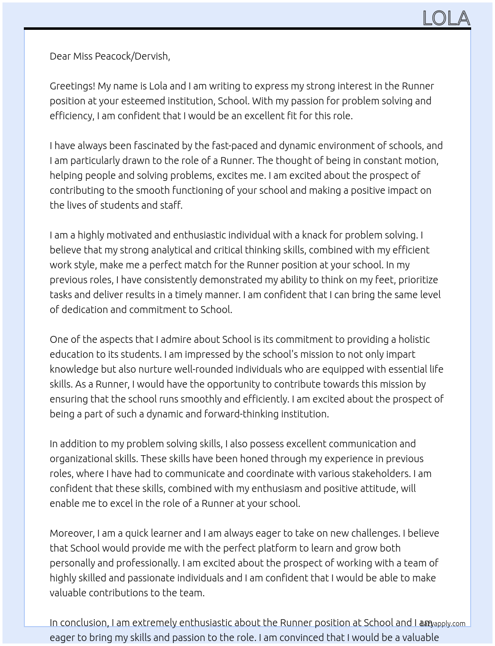runner At school Cover Letter
