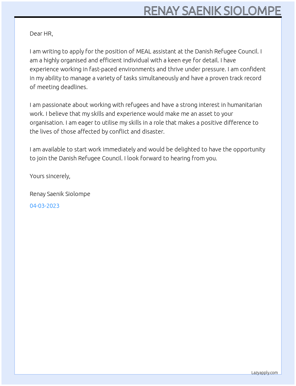 MEAL assistant At Danish Refugee Council Cover Letter