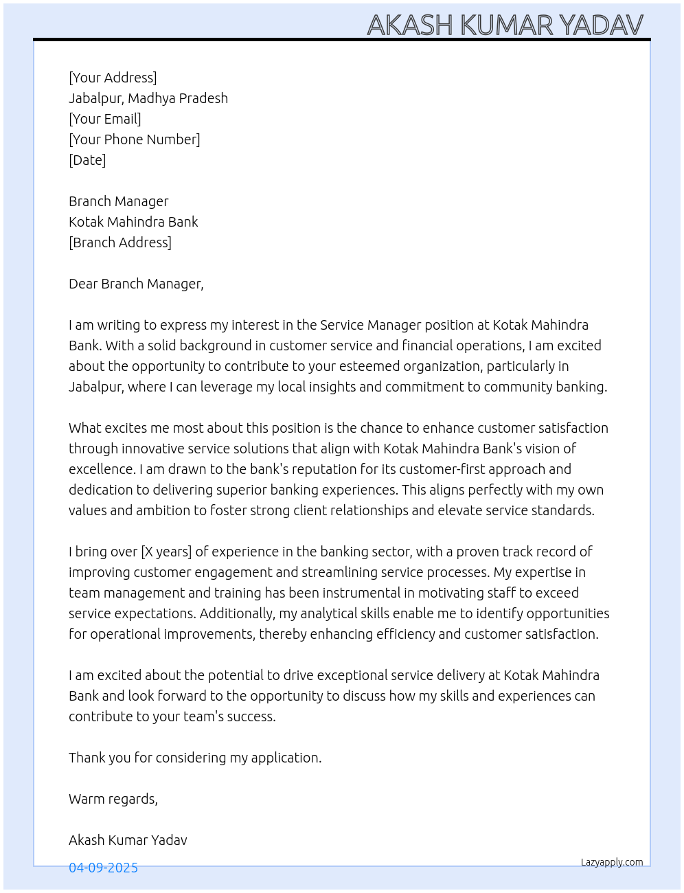 Service Manager At Kotak Mahindra Bank Cover Letter