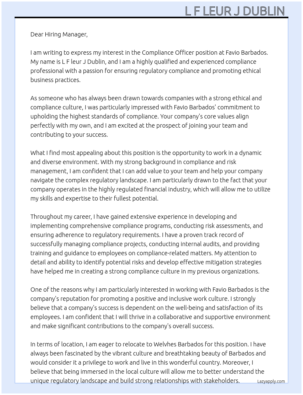 Compliance Officer At Favio Barbados Cover Letter