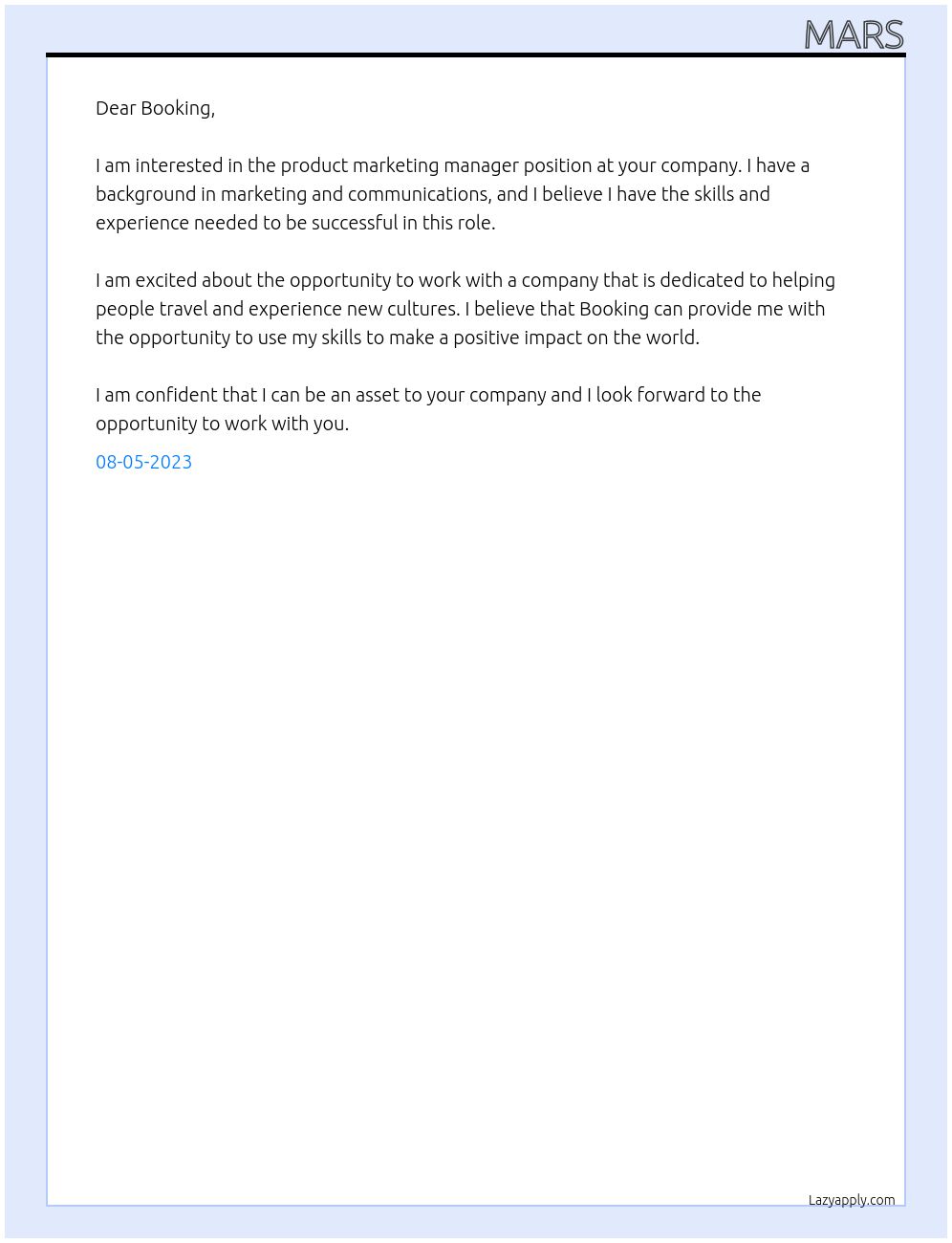 product marketing manager At Booking Cover Letter