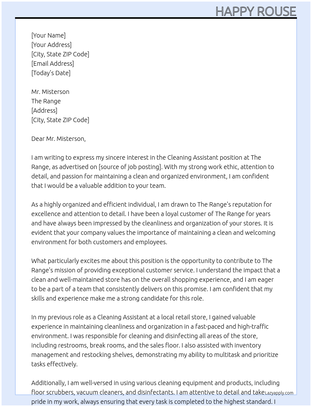 Cleaning Assistant At The Range Cover Letter