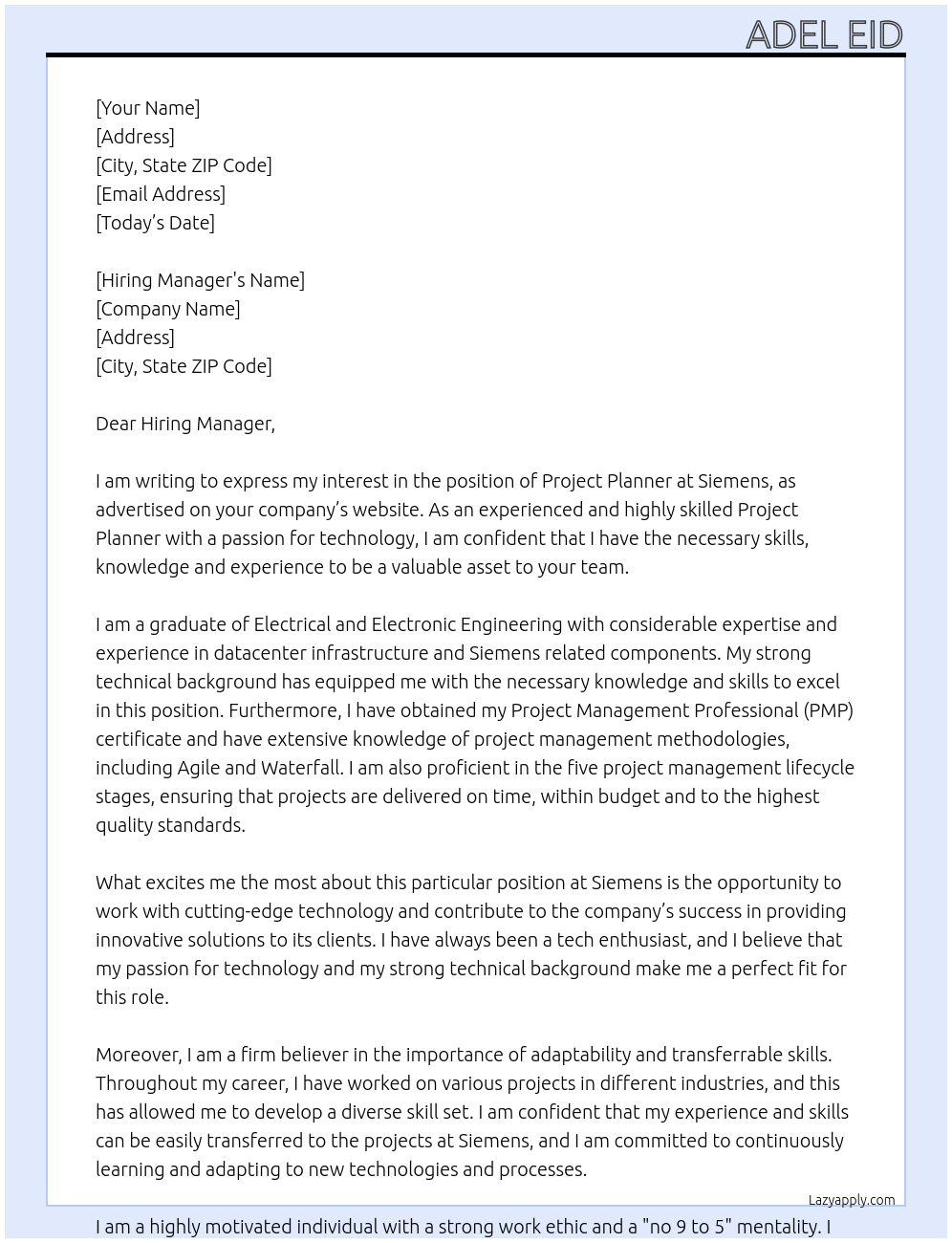 Project Planner At Siemens Cover Letter