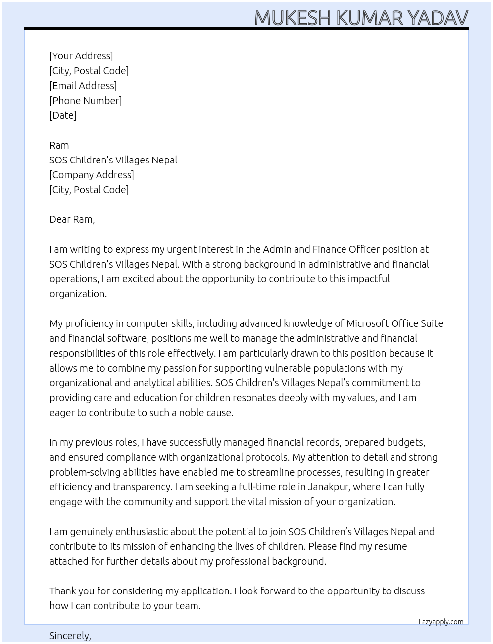 Cover letter for admin and finance officer - LazyApply