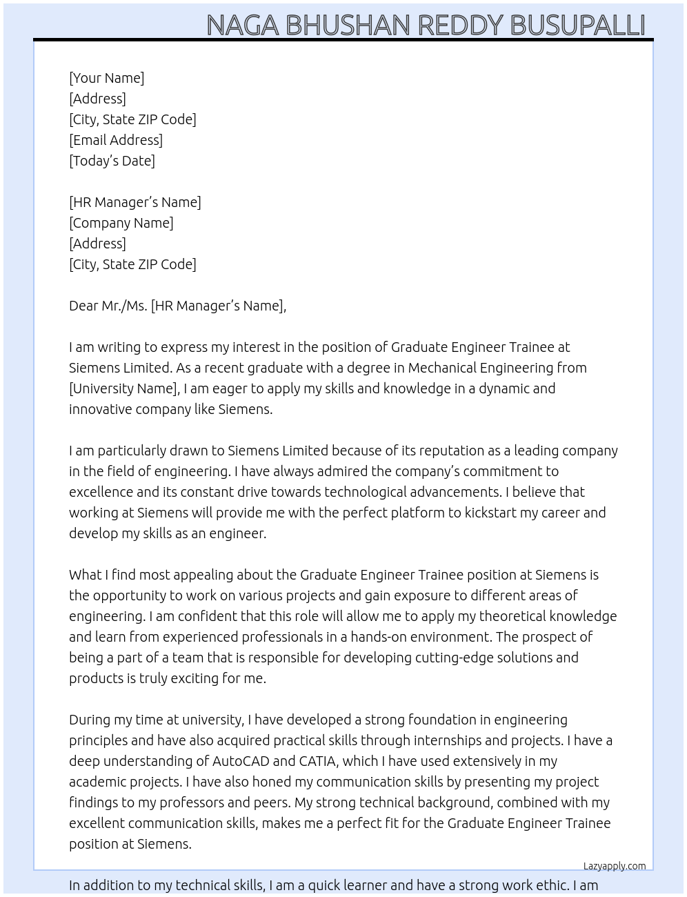 Graduate Engineer Trainee At Siemens Limited Cover Letter