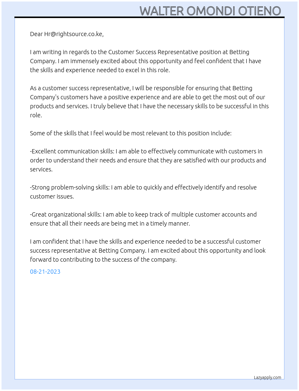 Customer success representative At Betting company Cover Letter