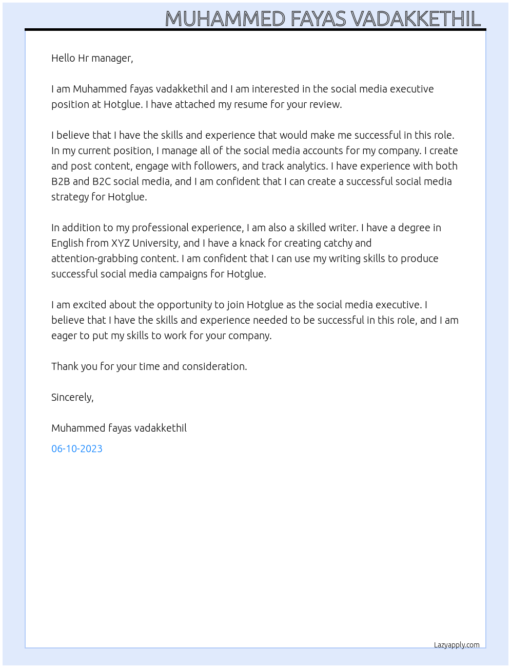 Social media executive At Hotglue Cover Letter