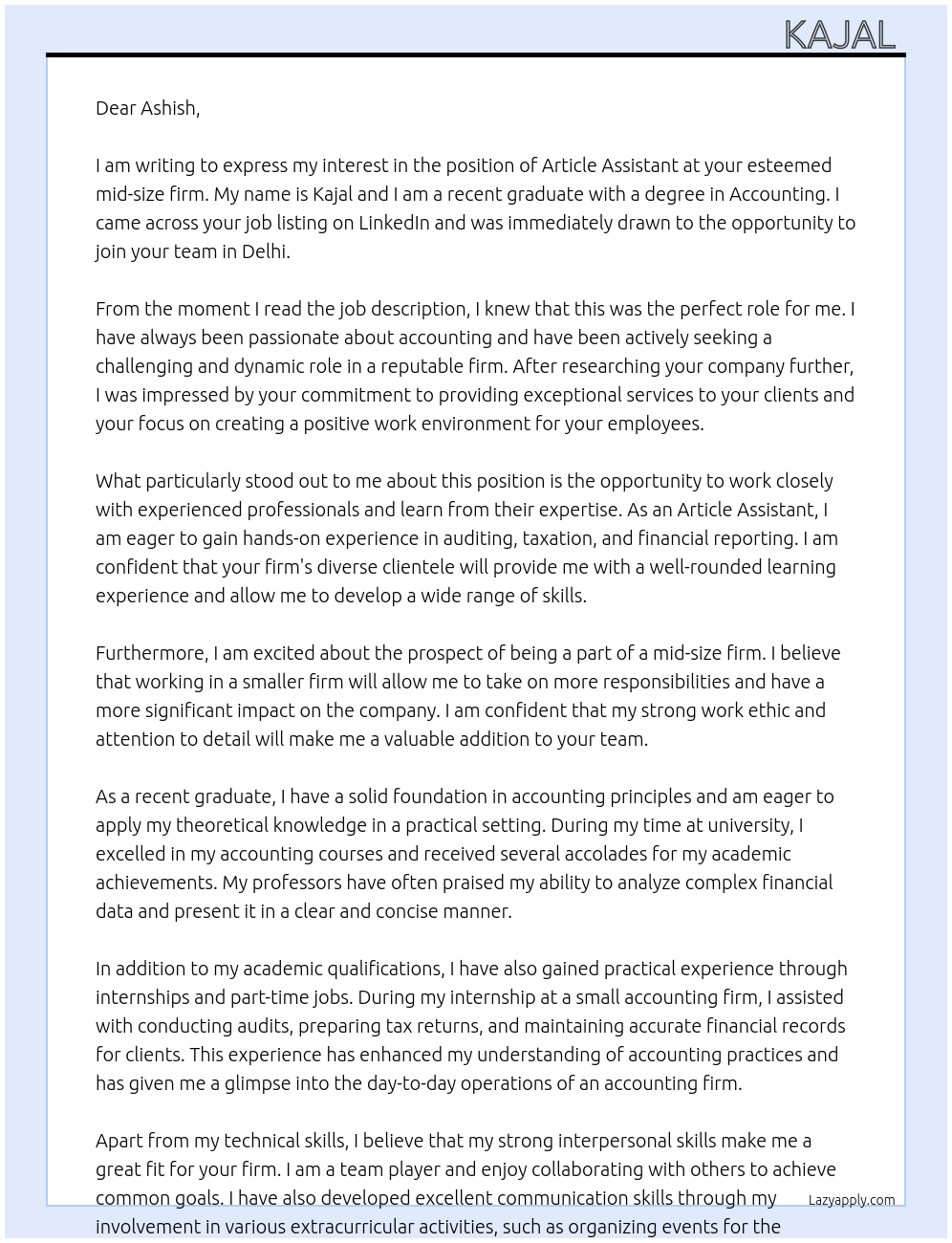 Article Assistant  At Mid size firm Cover Letter