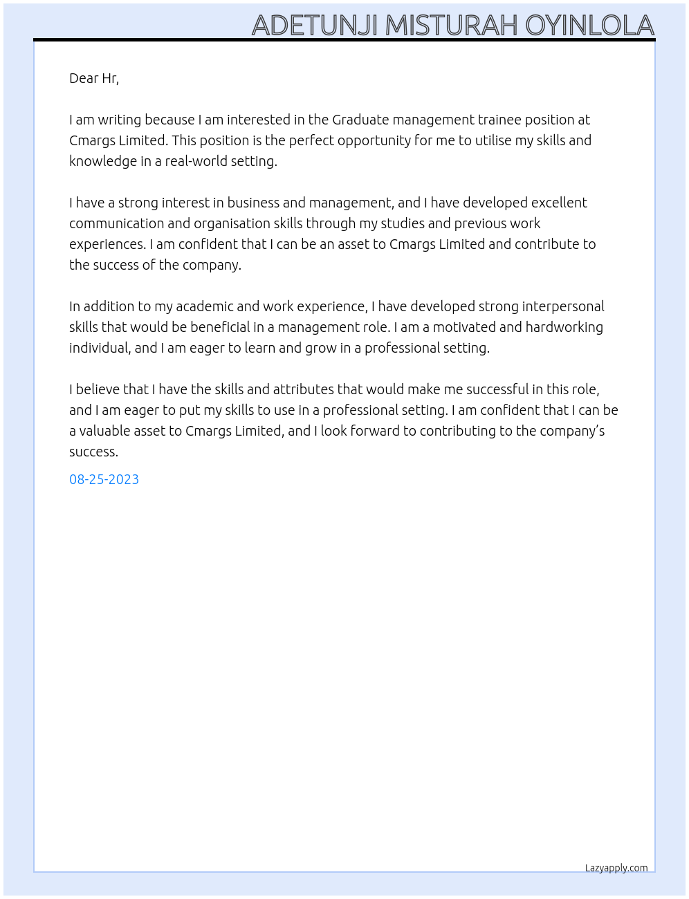 Graduate management trainee At Cmargs Limited  Cover Letter