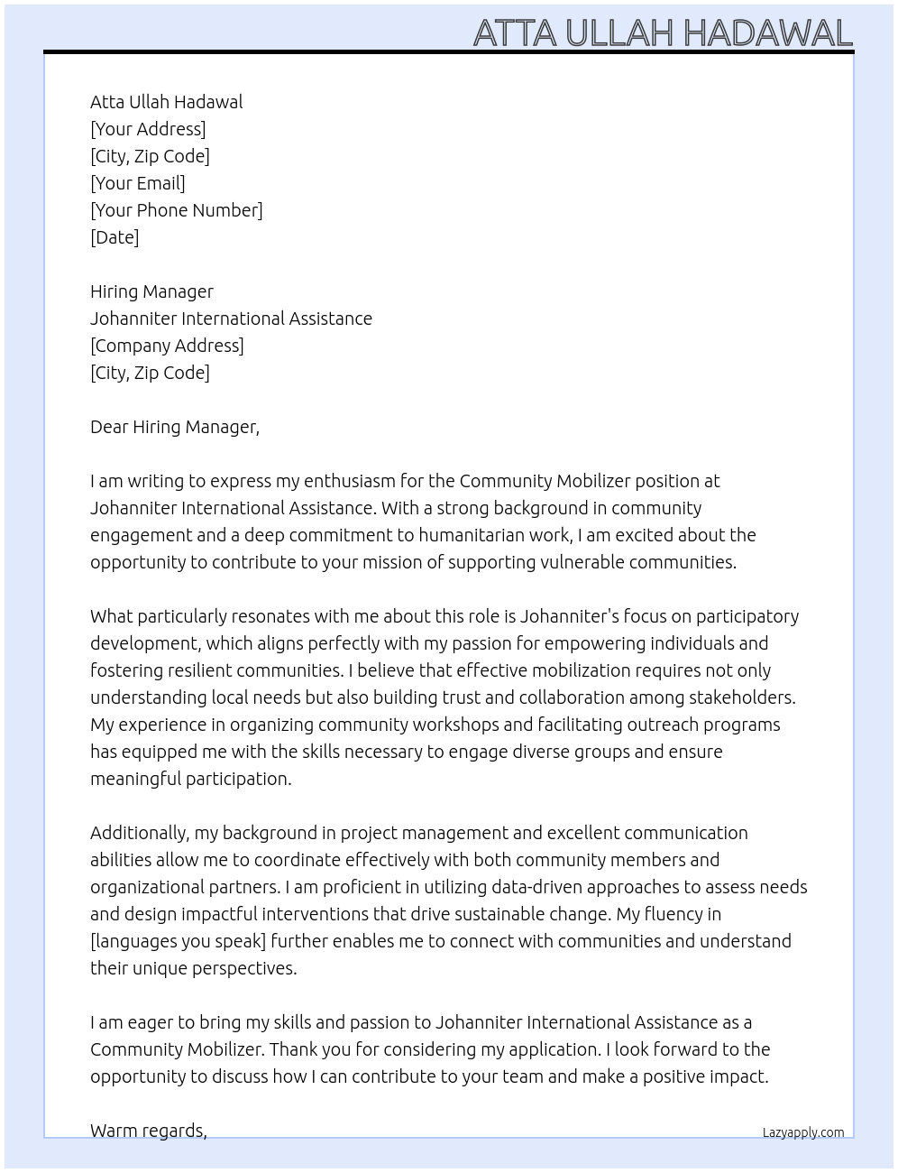 Community Mobilizer At Johanniter International Assistance Cover Letter