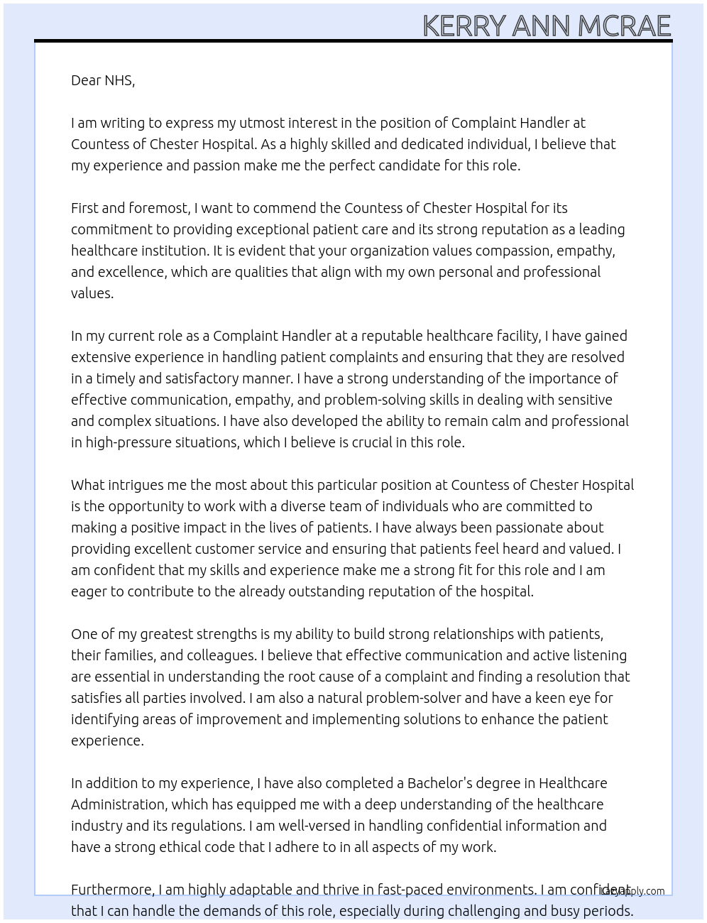 complaint handler At Countess of Chester Hospital Cover Letter