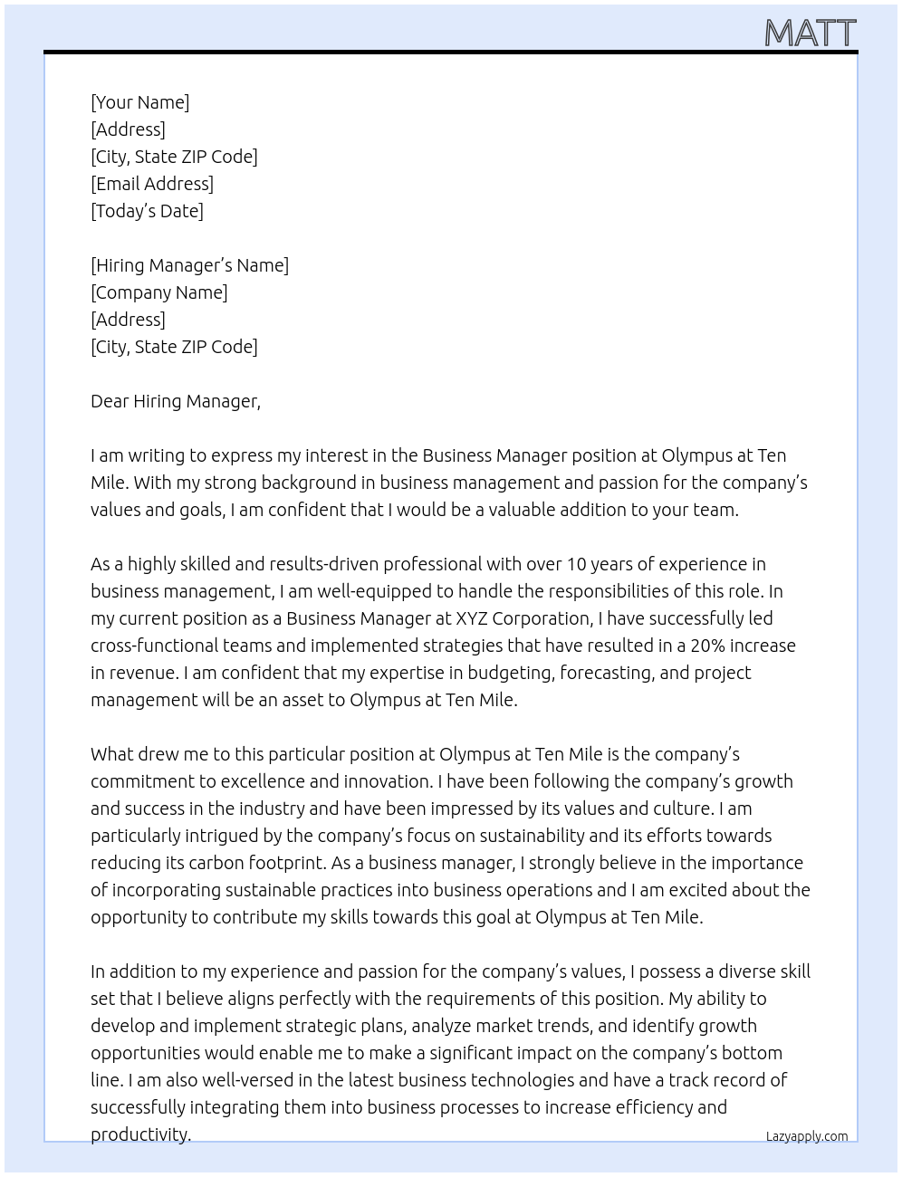 Business Manager At Olympus at Ten Mile Cover Letter