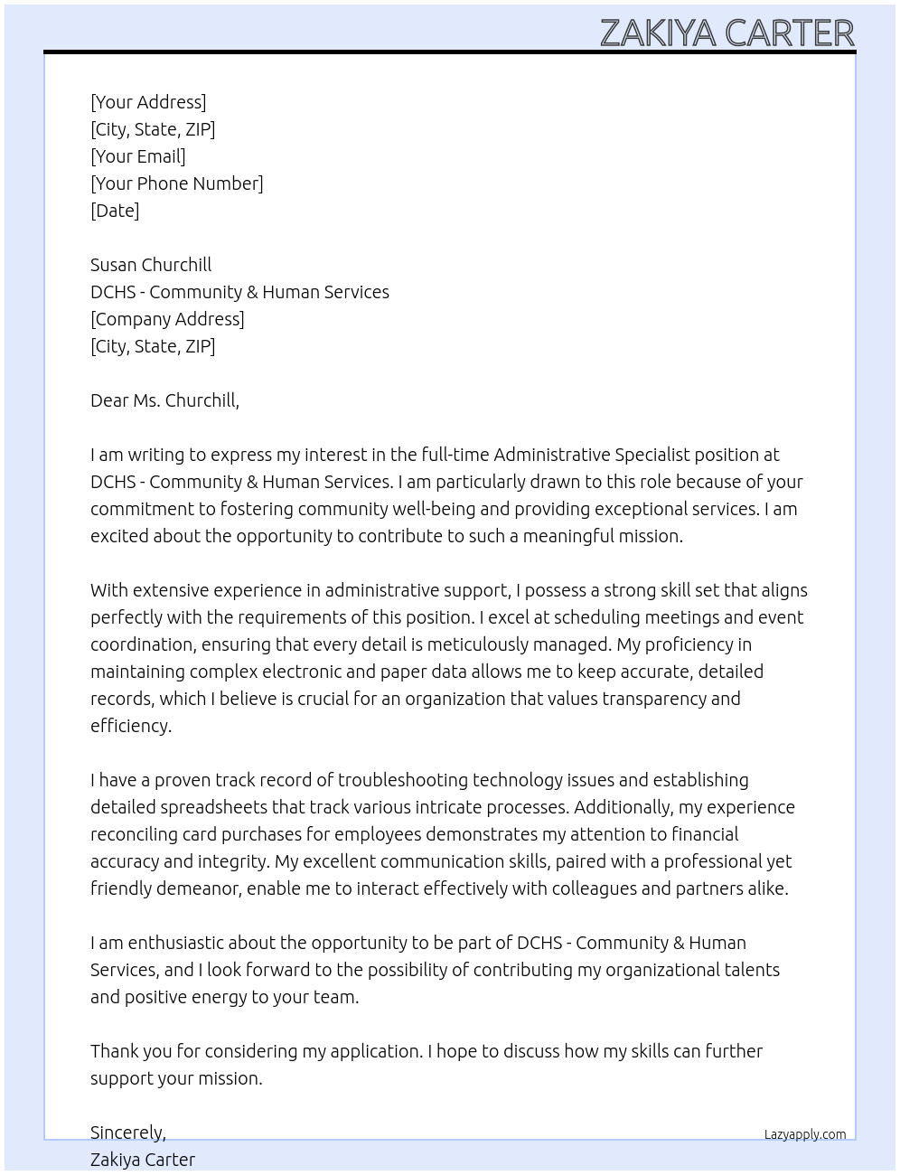 Cover letter for administrative specialist - LazyApply