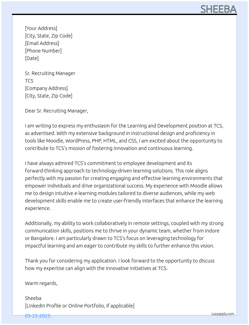Cover letter for learning and development - LazyApply