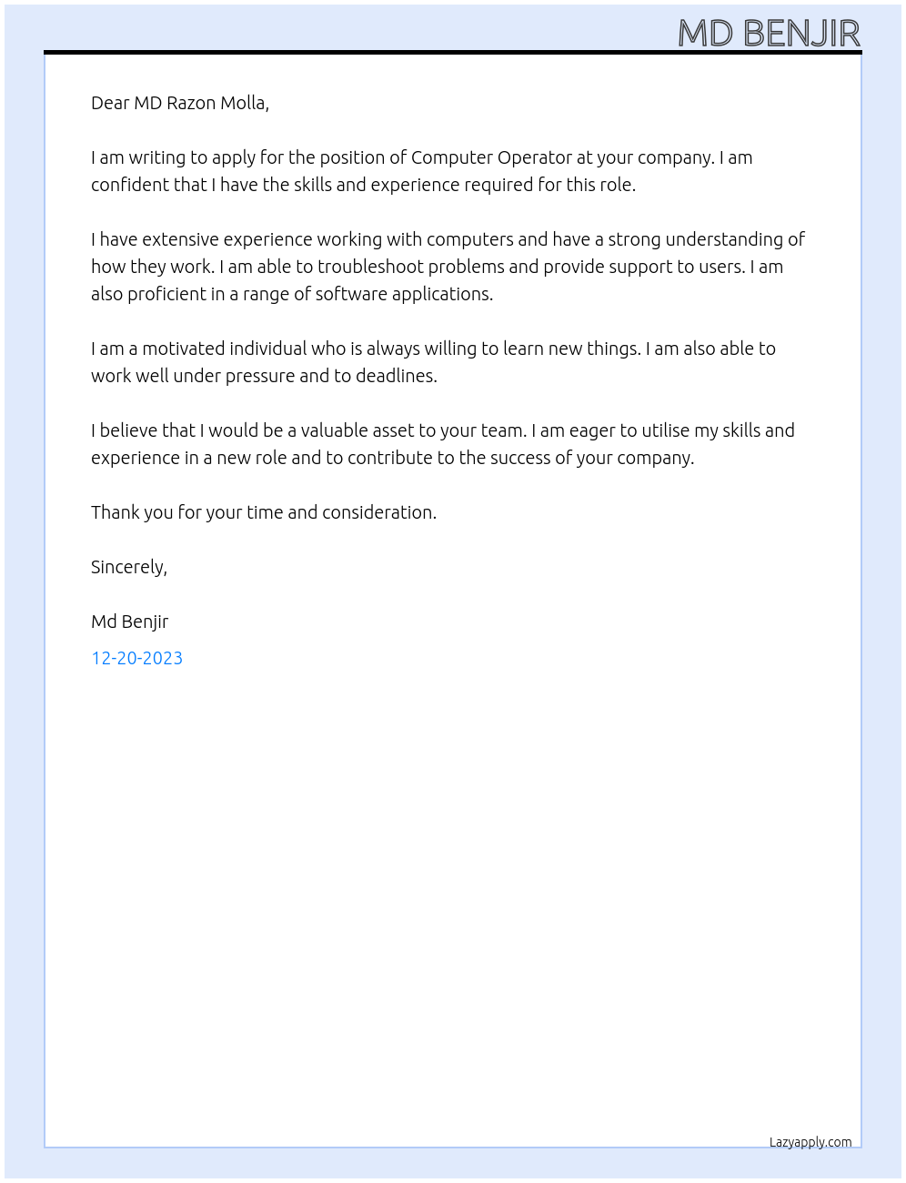 Computer Operator At MD RAZON MOLLA Cover Letter