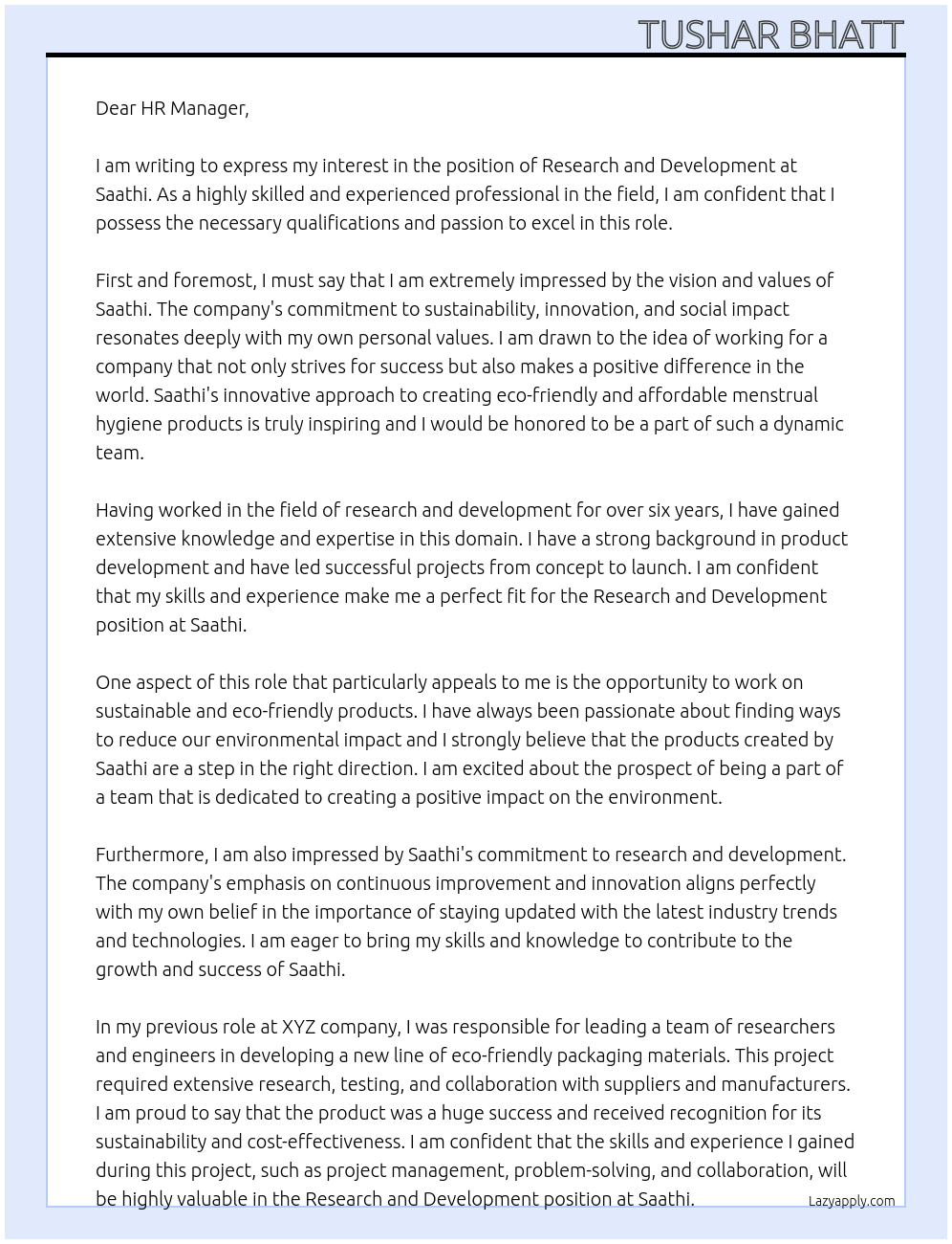 Research and Development At Saathi Cover Letter