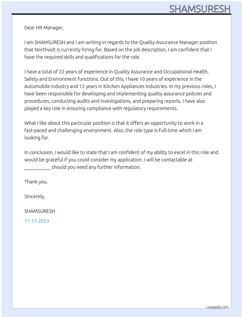 Quality Assurance Manager At Northvolt Cover Letter