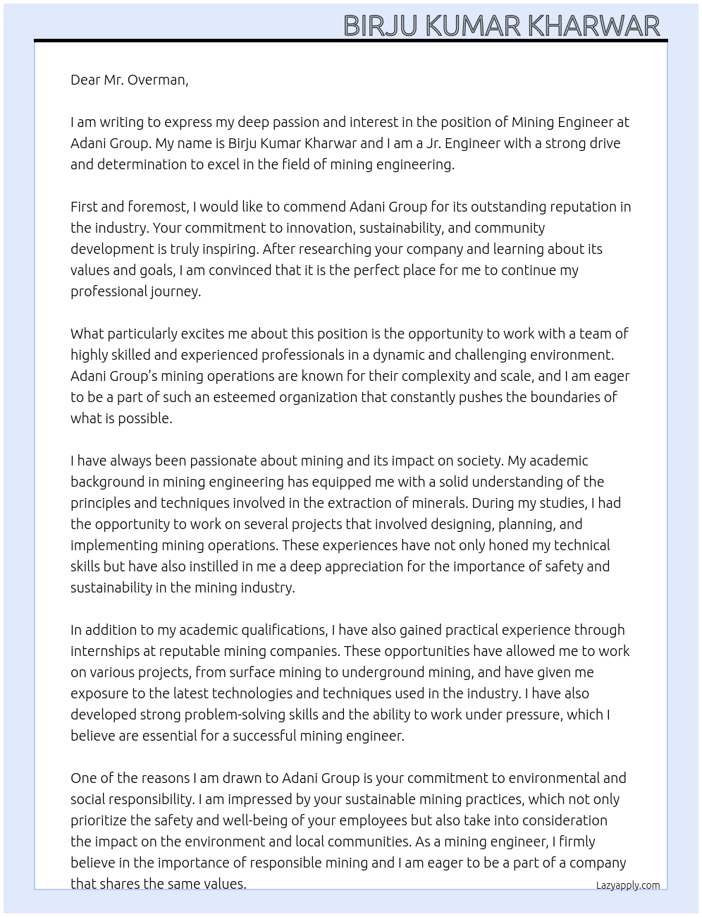 Mining engineer At Adani group Cover Letter