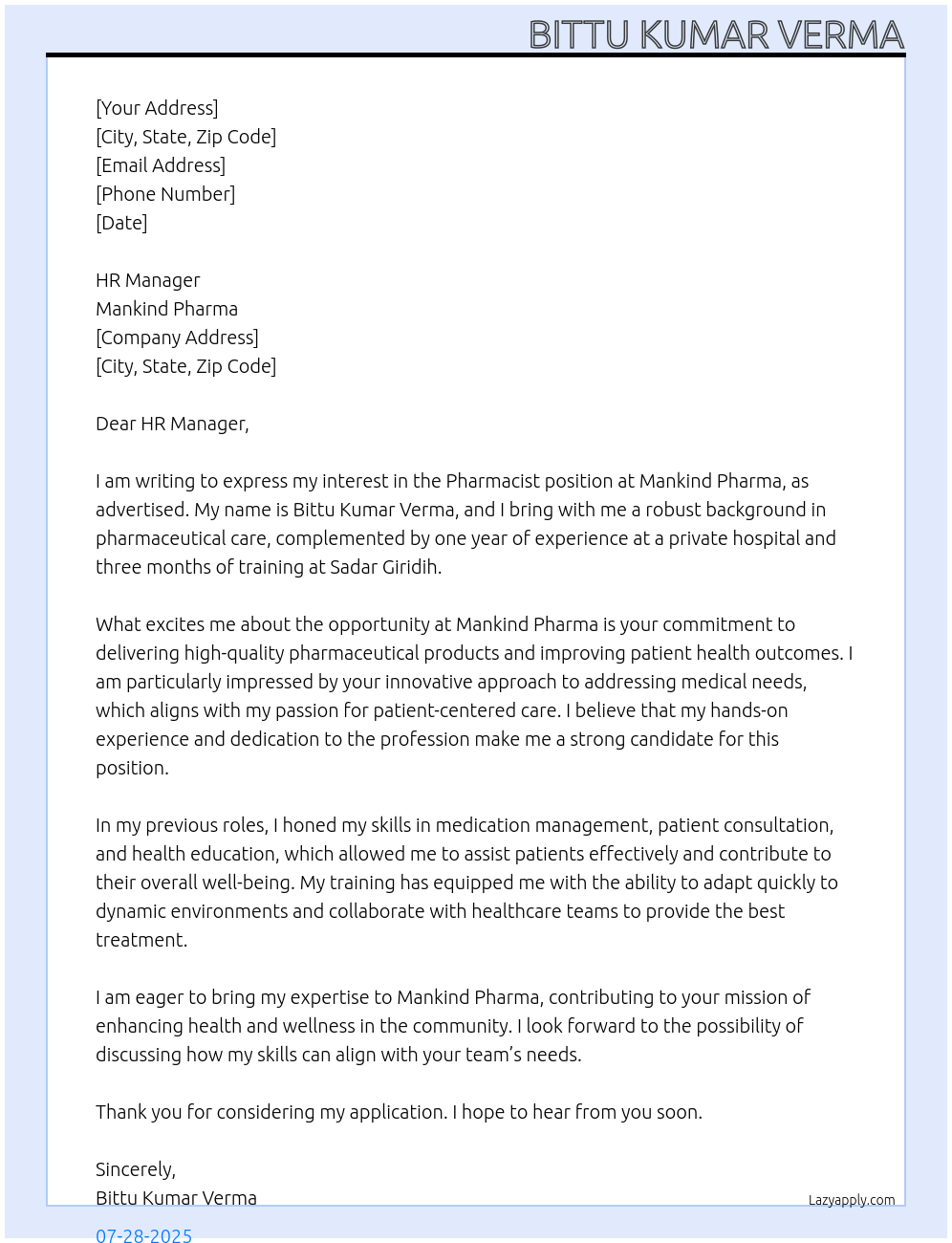 Pharmacist At Mankind pharma Cover Letter