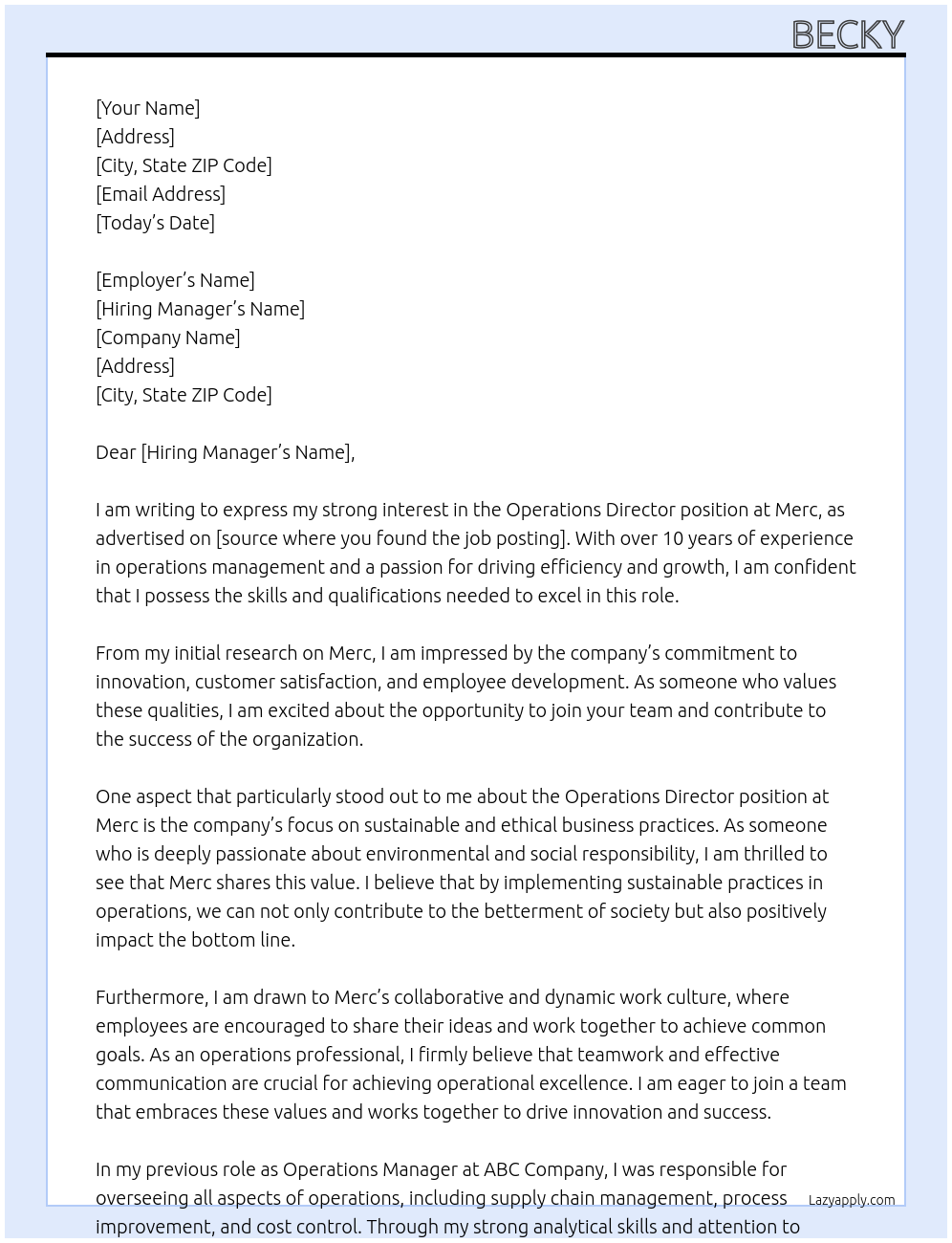 Cover letter for operations director - LazyApply