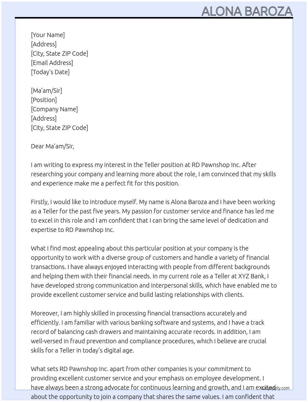 Teller At RD Pawnshop Inc. Cover Letter