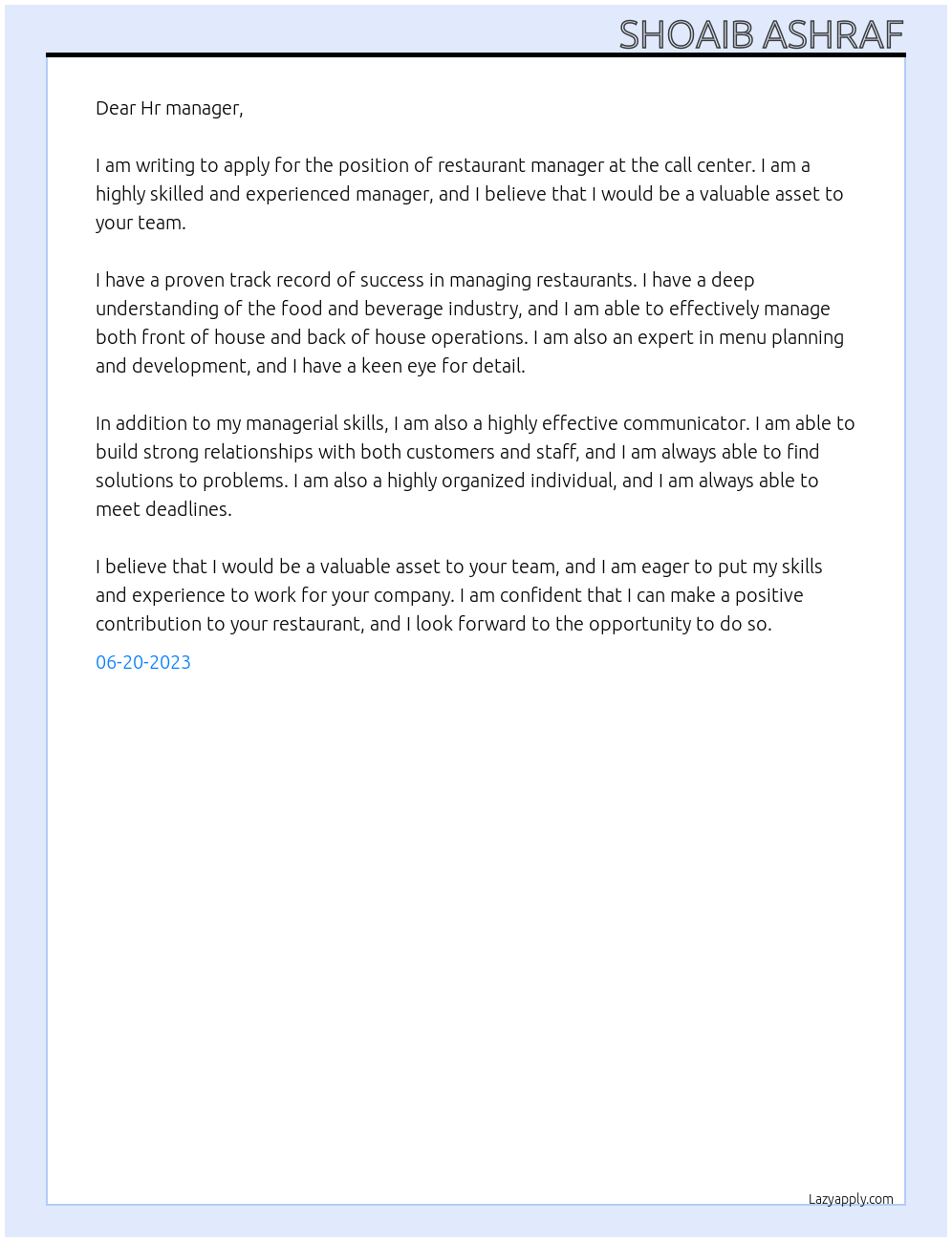 restaurant manager At call center Cover Letter