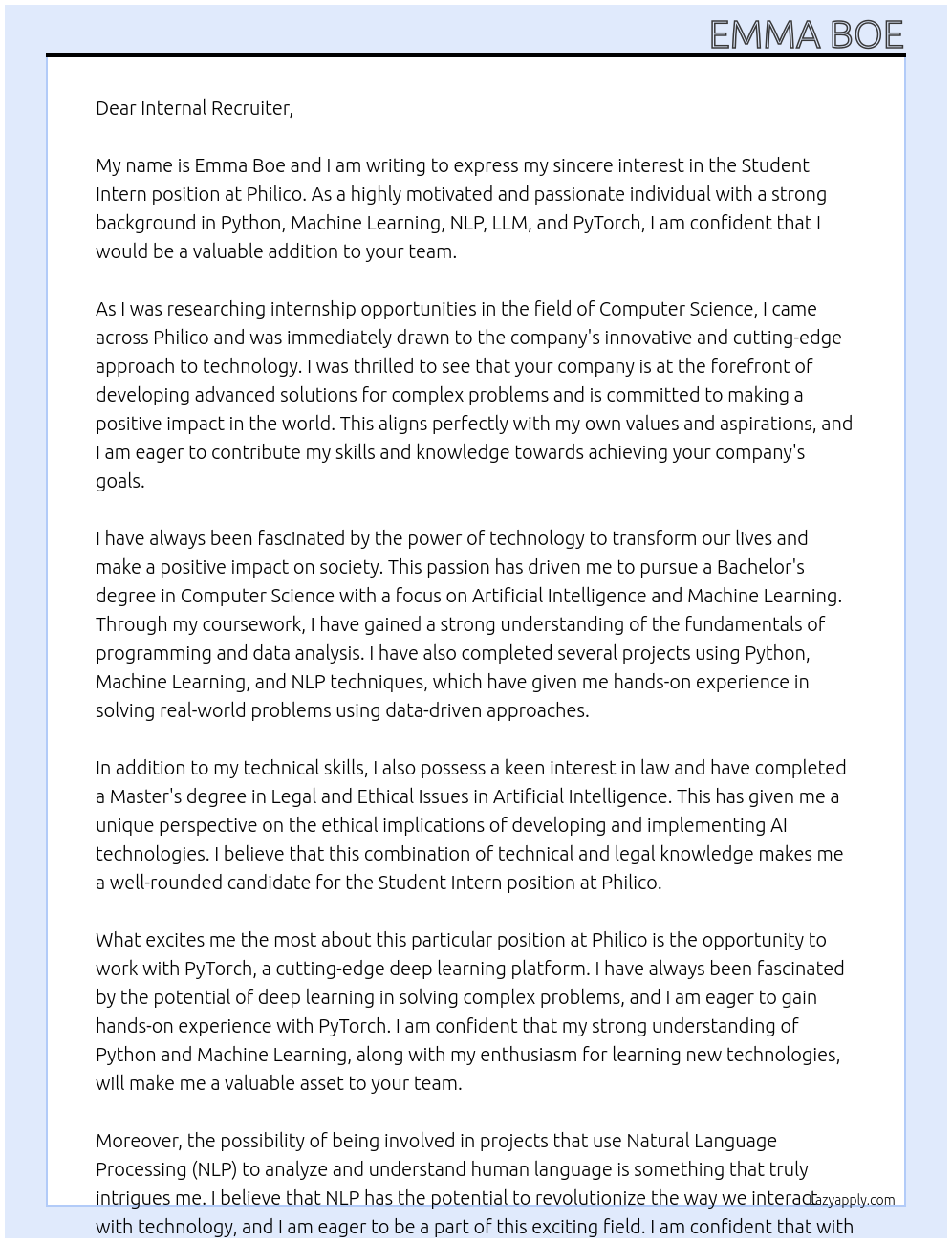 Student Intern At Philico Cover Letter