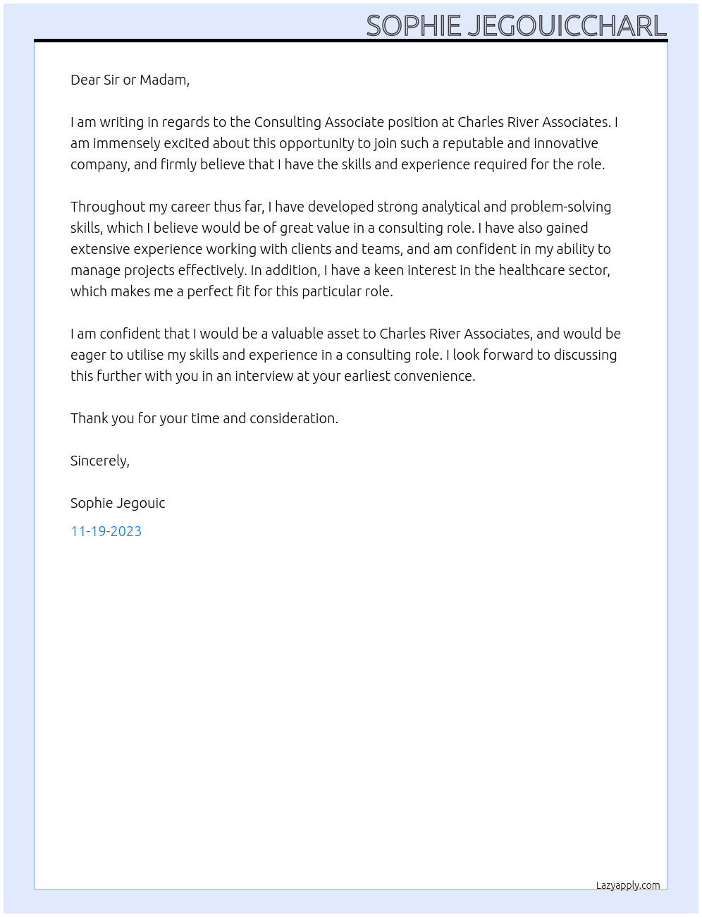 Consulting associate At Charles River Associate Cover Letter