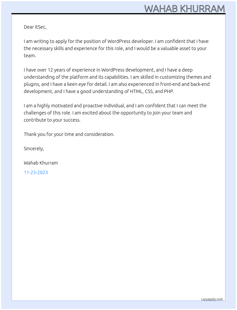 wordpress developer At ItSec Cover Letter