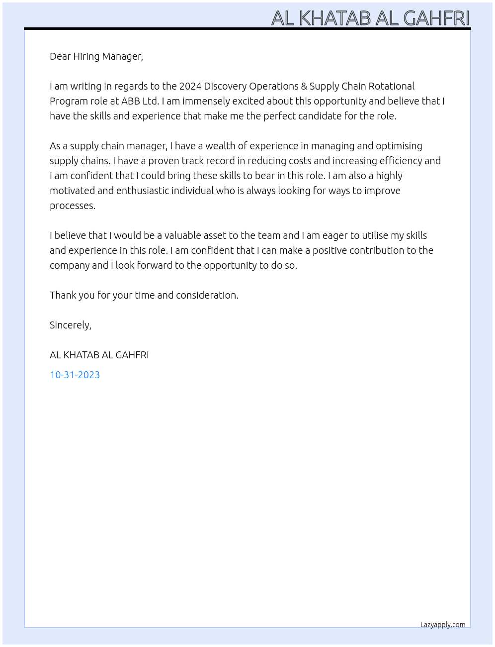 supply chain manager  At ABB Ltd Cover Letter