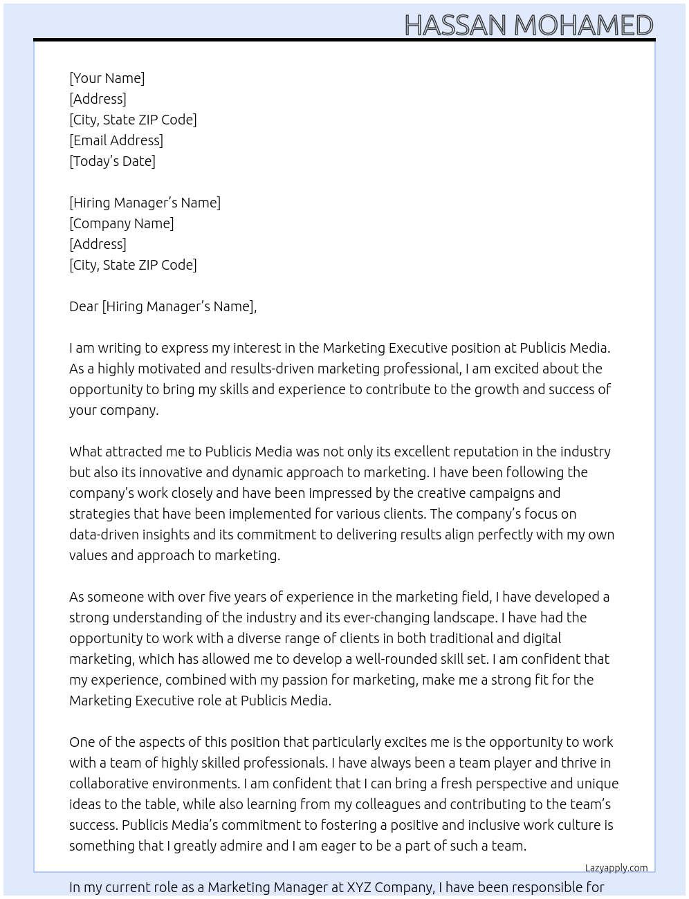 marketing executive  At Publicis Media Cover Letter