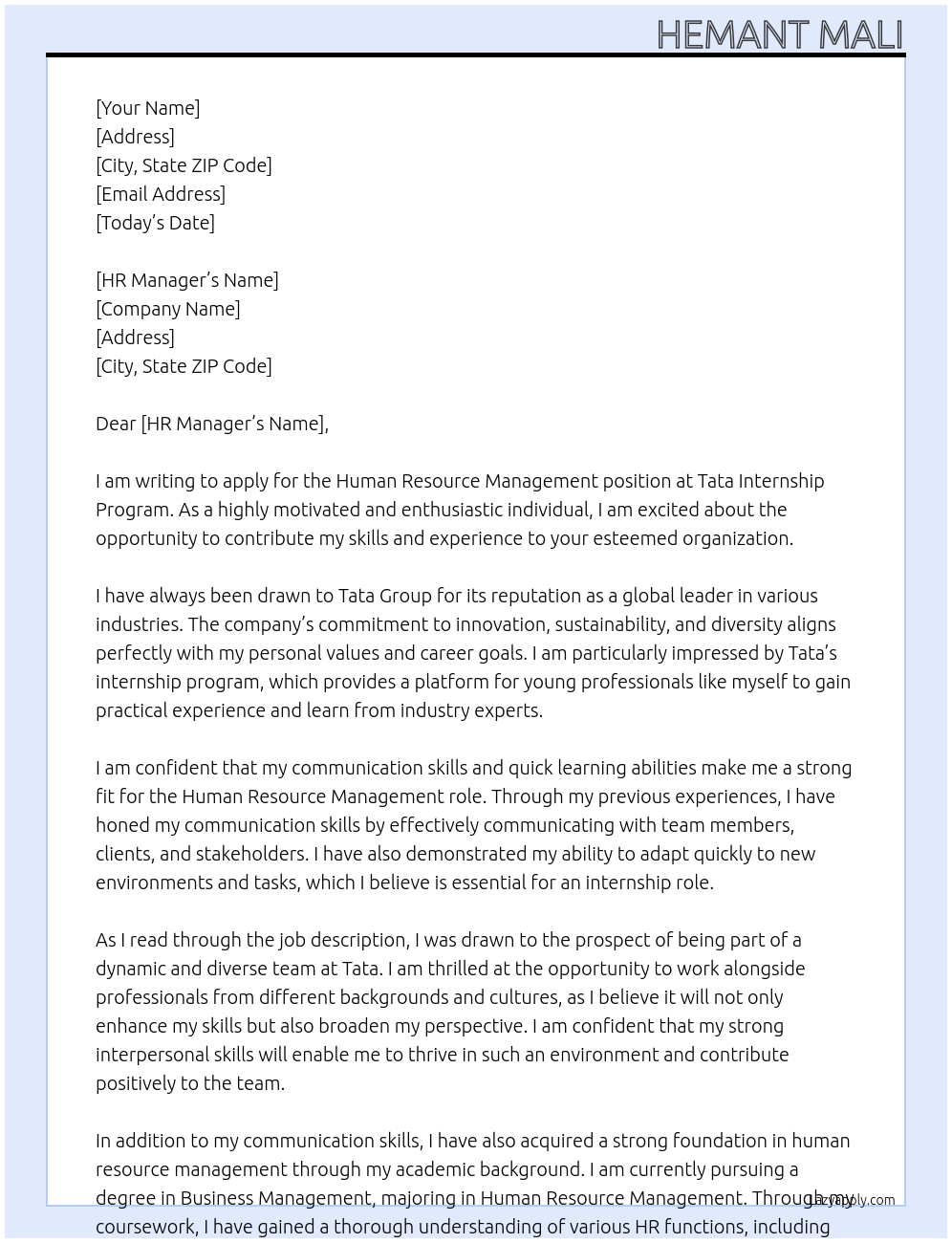 Human resource management At Tata internship program Cover Letter