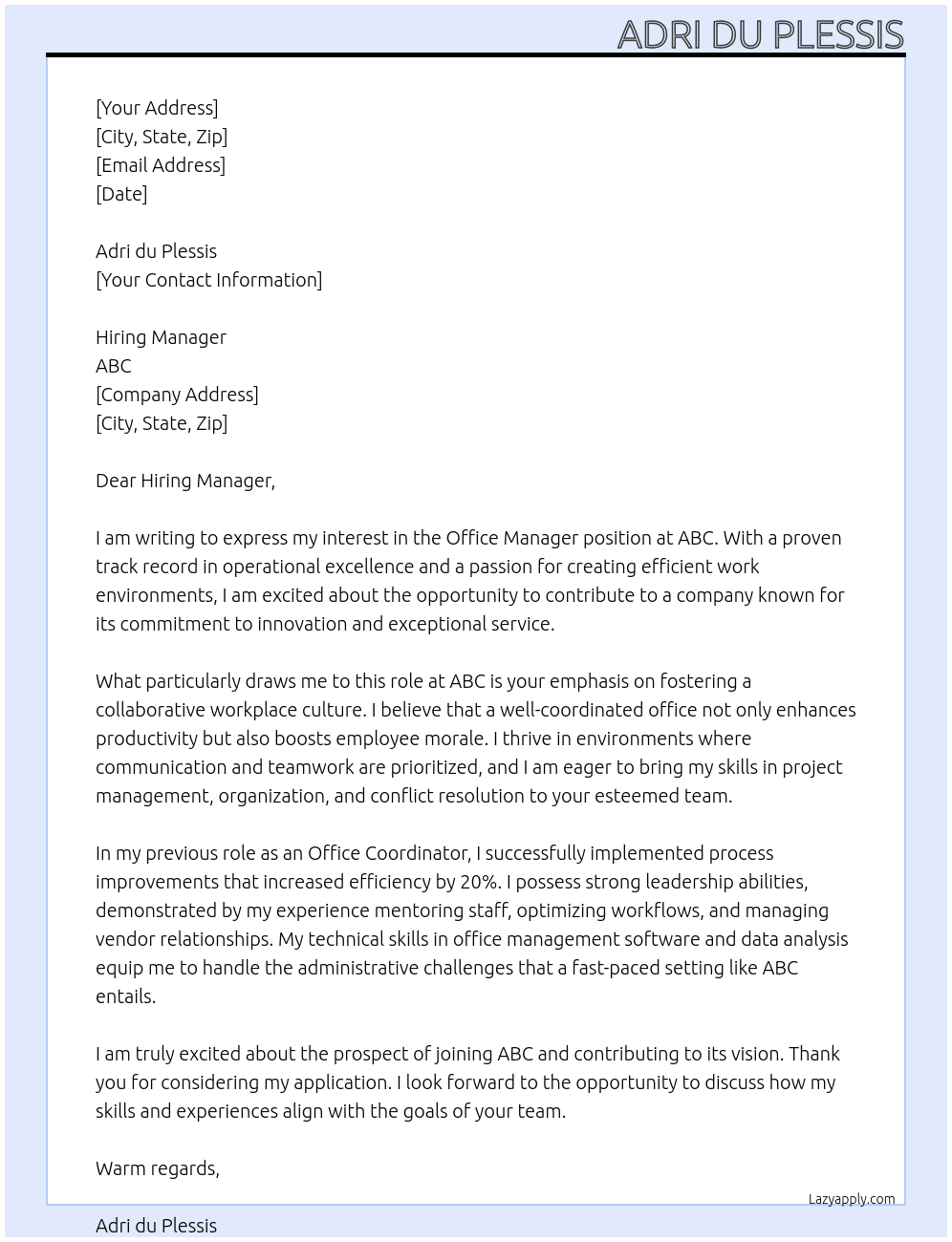 Office Manager At ABC Cover Letter