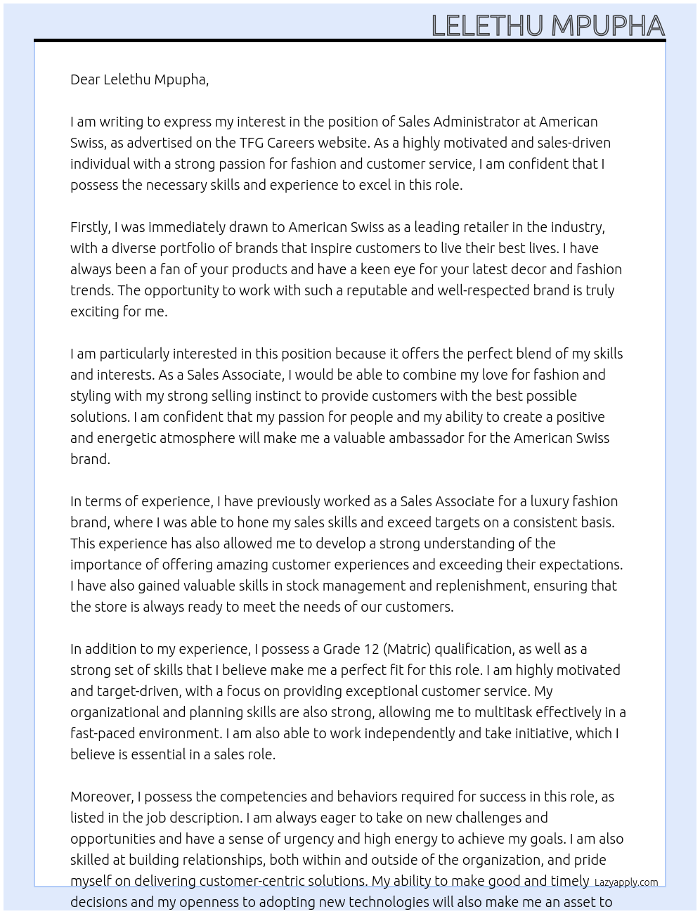 Sales administrator At Amarican Swiss Cover Letter