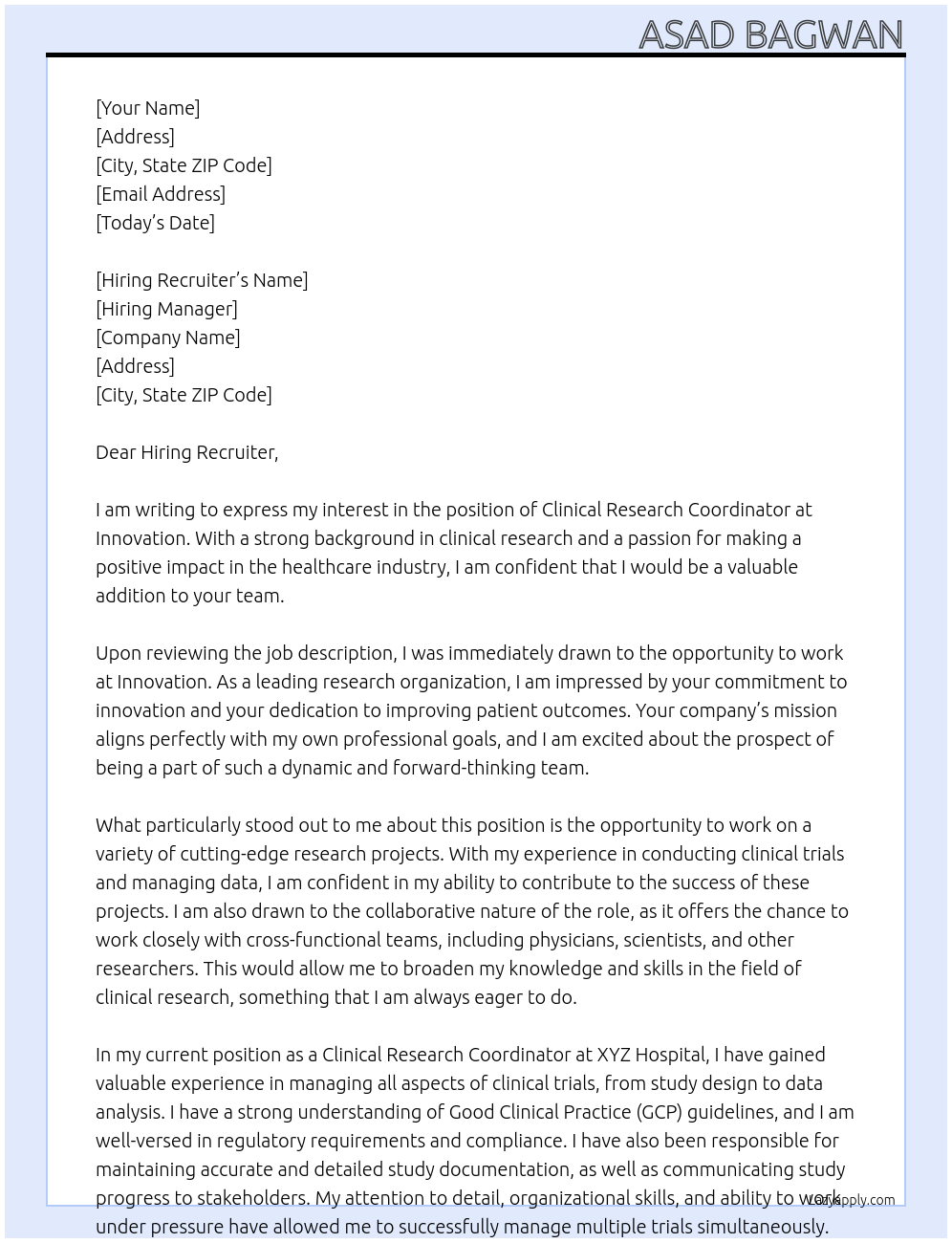 Clinical research Coordinator At Innovation Cover Letter