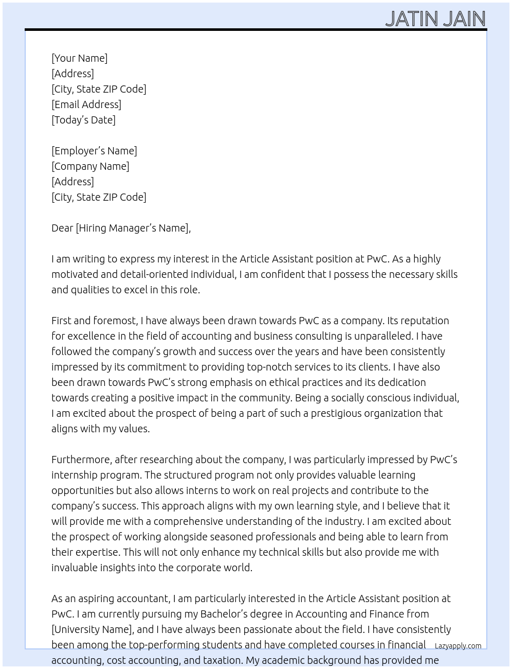 Article Assistant At PwC Cover Letter