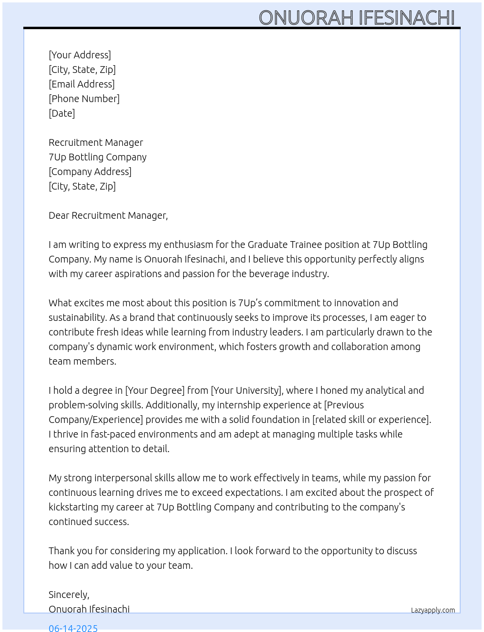 Graduate trainee  At 7up bottling company  Cover Letter