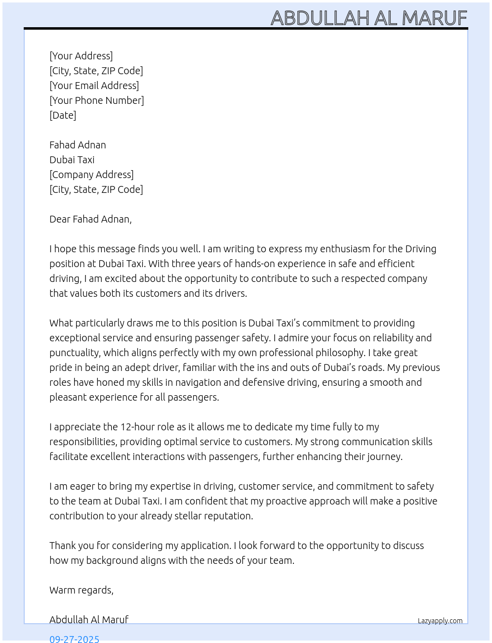 Driving At Dubai Texi Cover Letter