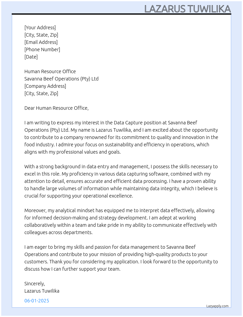 Data Capture At Savanna Beef Operations (Pty) Ltd Cover Letter